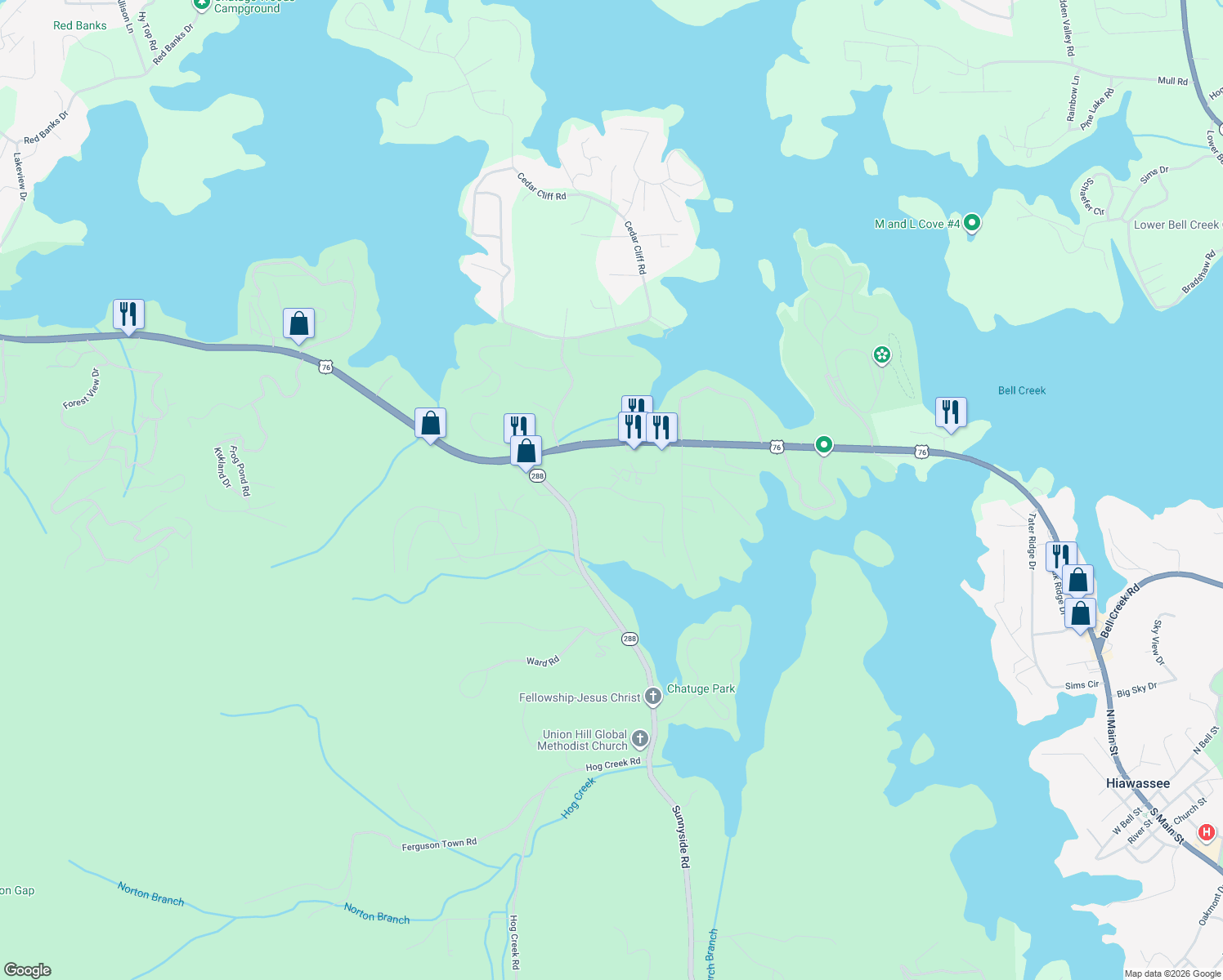 map of restaurants, bars, coffee shops, grocery stores, and more near 39 Hidden Fields Road in Hiawassee