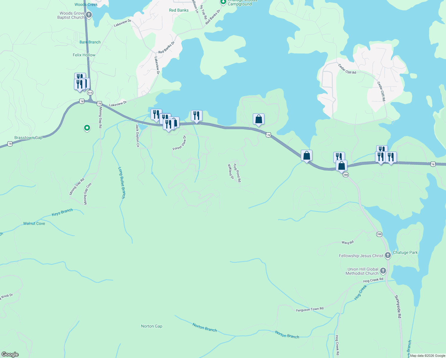 map of restaurants, bars, coffee shops, grocery stores, and more near Locust Trail in Hiawassee