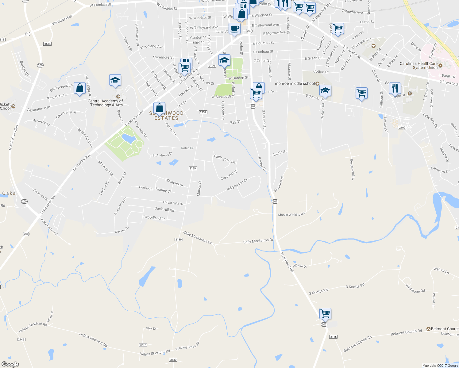 map of restaurants, bars, coffee shops, grocery stores, and more near 215 Ridgewood Drive in Monroe