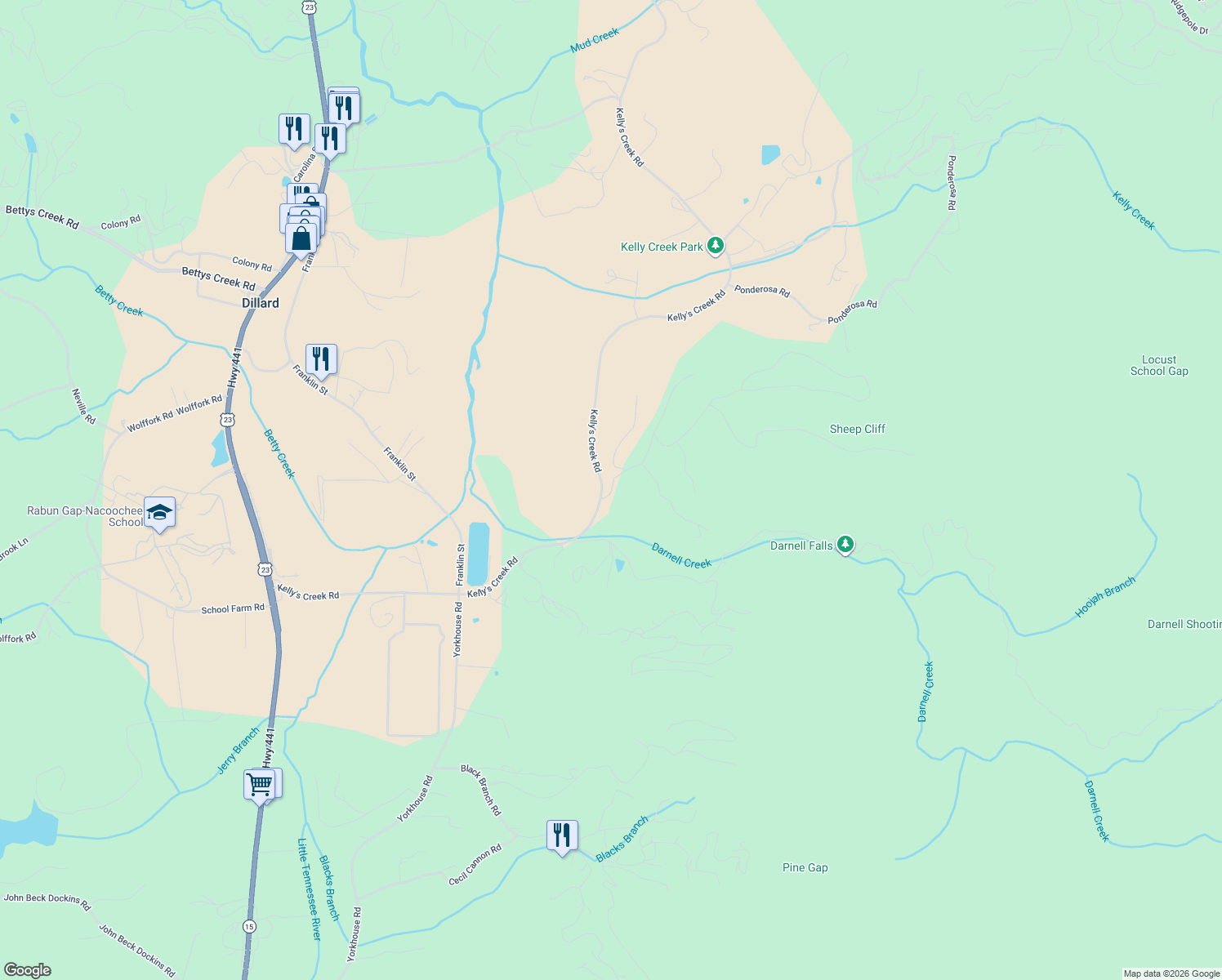 map of restaurants, bars, coffee shops, grocery stores, and more near 1322 Kelly's Creek Road in Rabun Gap
