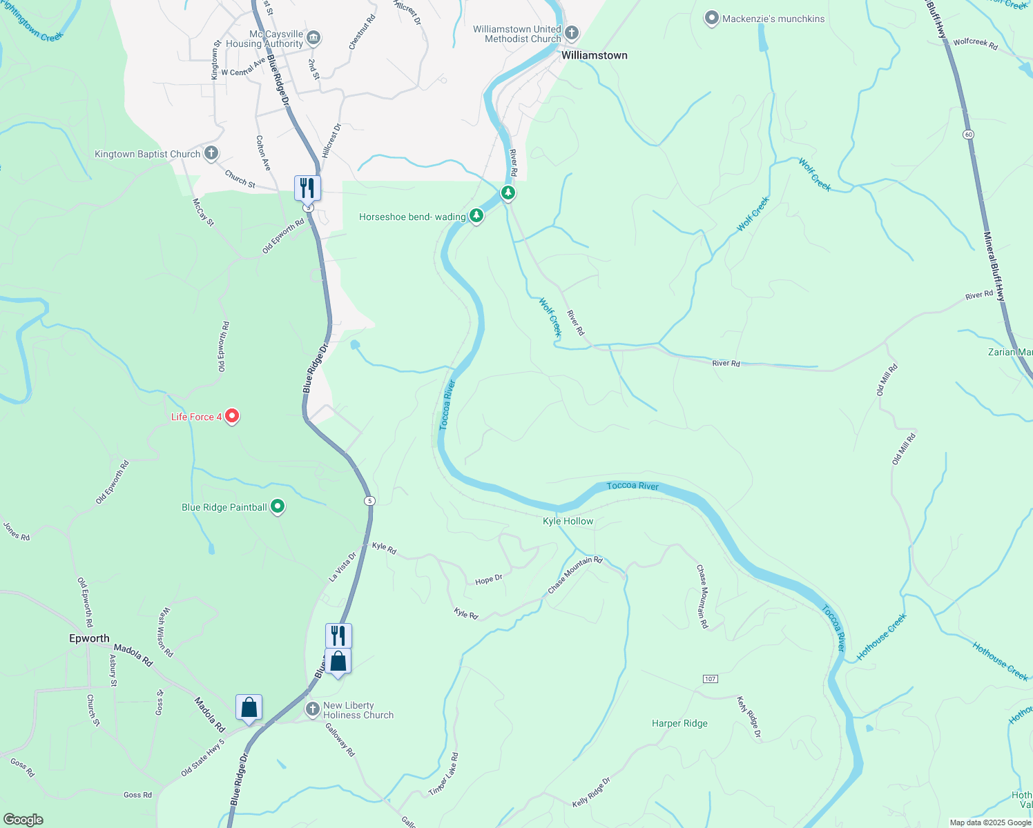 map of restaurants, bars, coffee shops, grocery stores, and more near 150 Arrow Way in Mineral Bluff