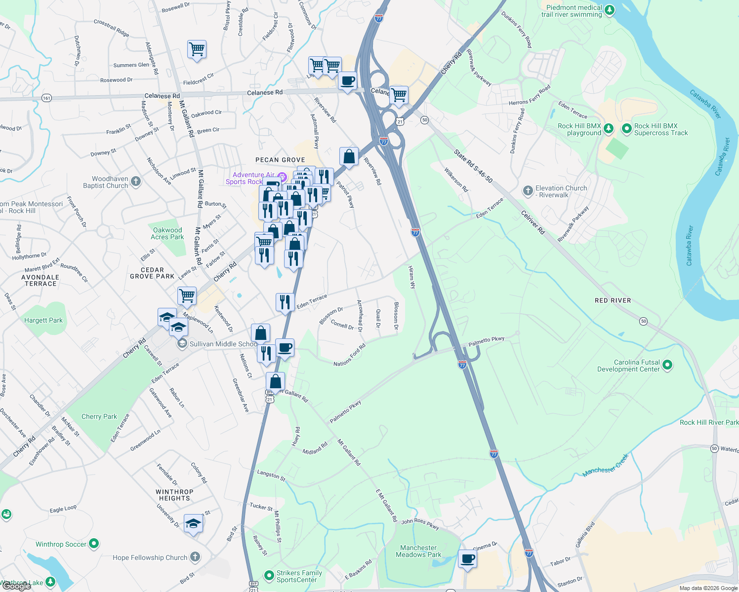 map of restaurants, bars, coffee shops, grocery stores, and more near 2317 Blossom Drive in Rock Hill