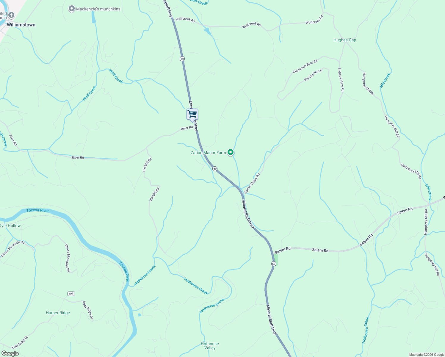 map of restaurants, bars, coffee shops, grocery stores, and more near 3890 Mineral Bluff Highway in Mineral Bluff