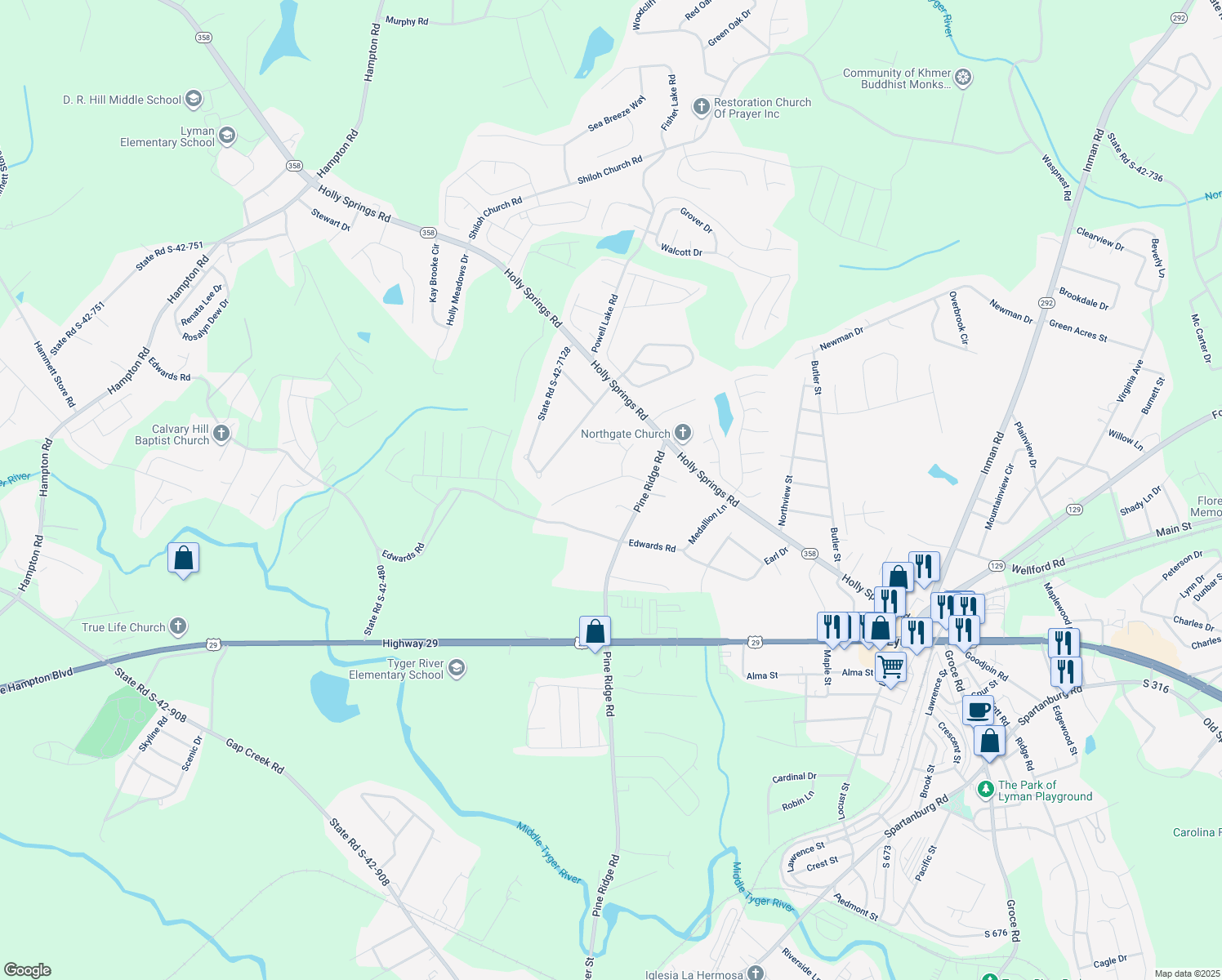 map of restaurants, bars, coffee shops, grocery stores, and more near 407 Kaleb Mark Dr in Lyman
