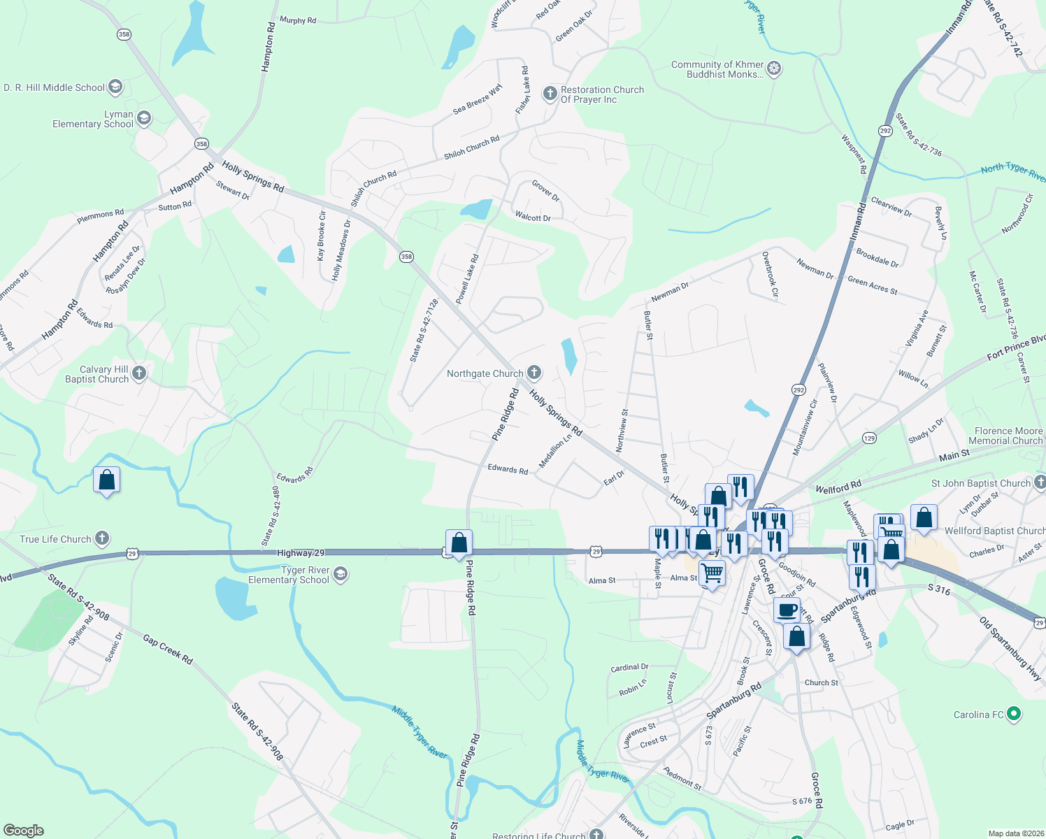 map of restaurants, bars, coffee shops, grocery stores, and more near 120 Phoenix Court in Lyman
