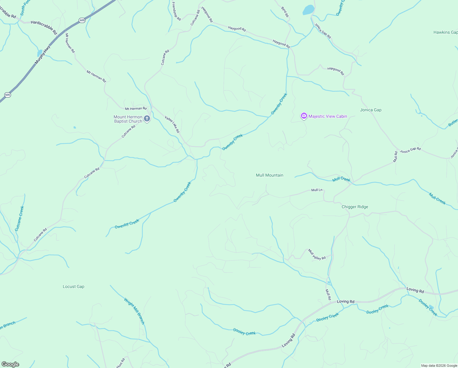 map of restaurants, bars, coffee shops, grocery stores, and more near 20 Davis Walker Ridge in Mineral Bluff