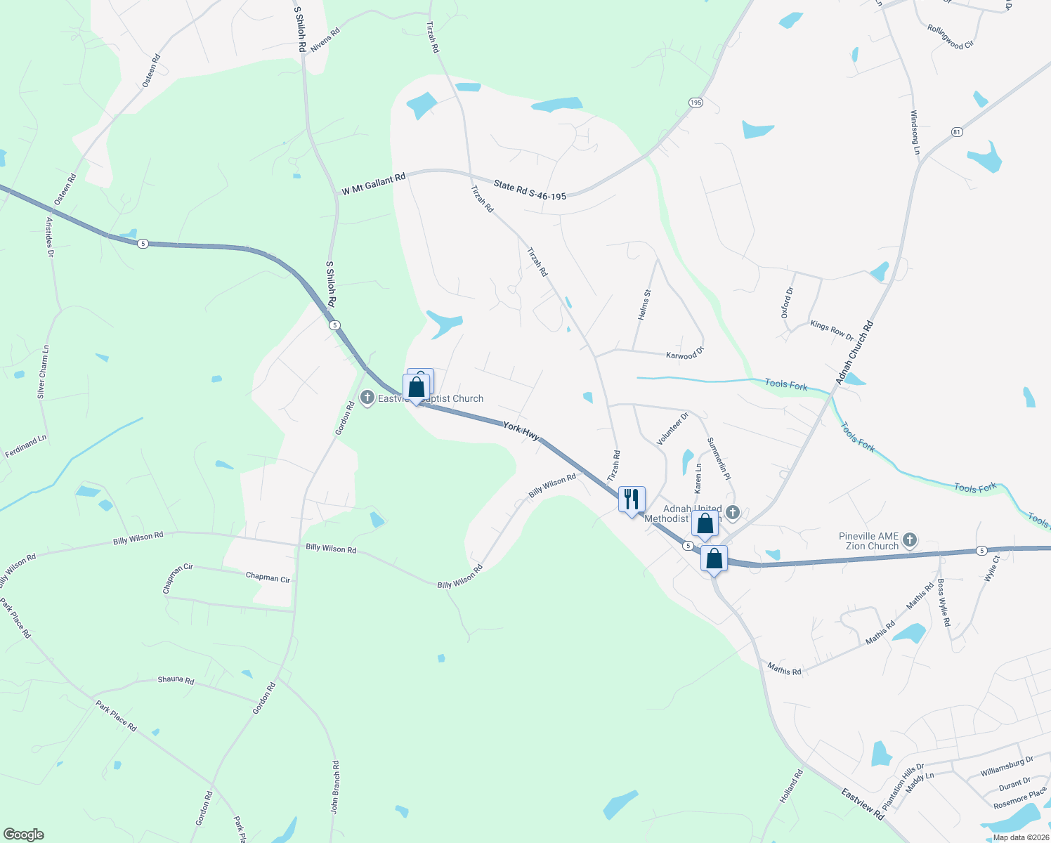 map of restaurants, bars, coffee shops, grocery stores, and more near 4912 York Highway in Rock Hill