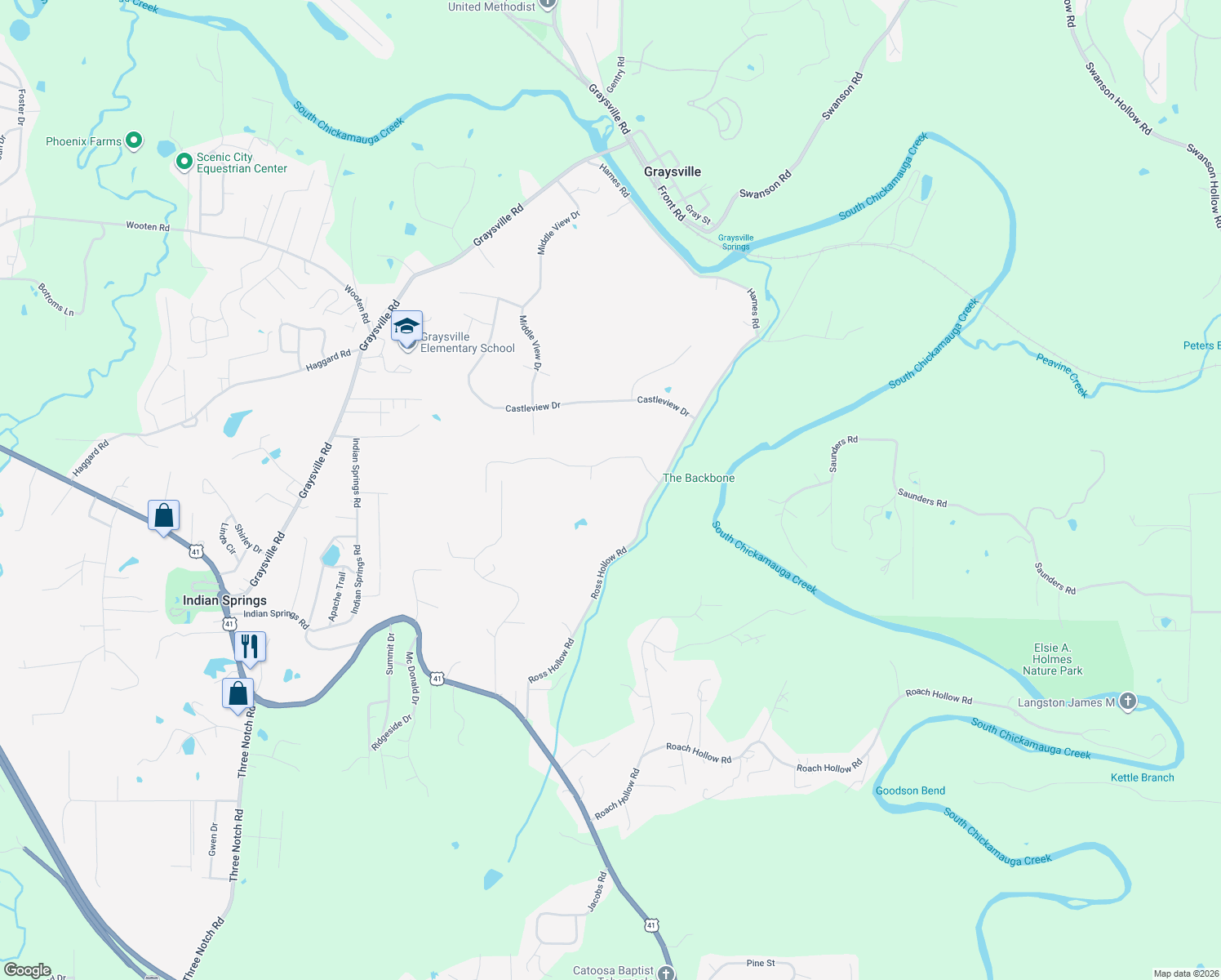 map of restaurants, bars, coffee shops, grocery stores, and more near 191 Eagleview Drive in Ringgold