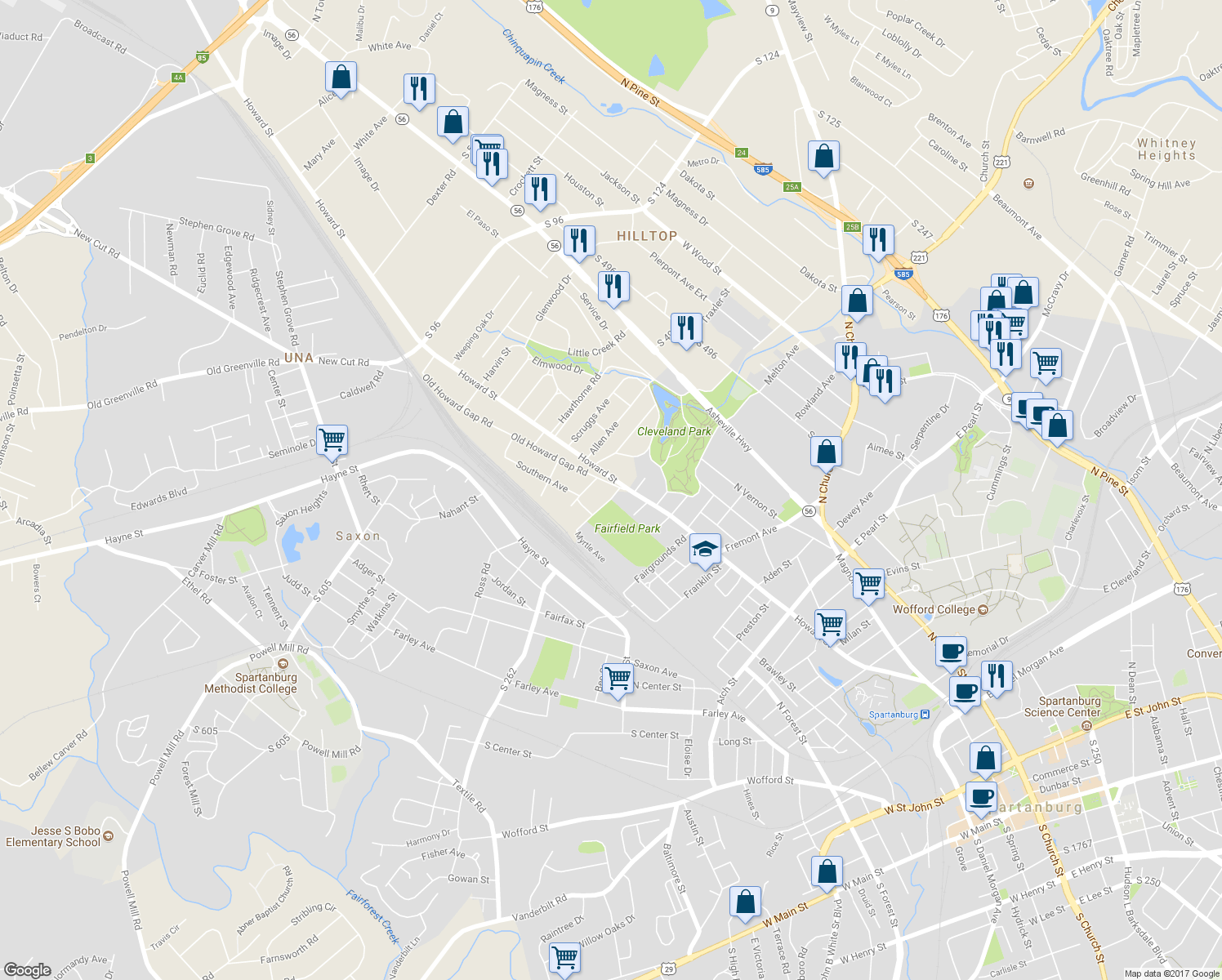 map of restaurants, bars, coffee shops, grocery stores, and more near 103 Old Howard Gap Road in Spartanburg