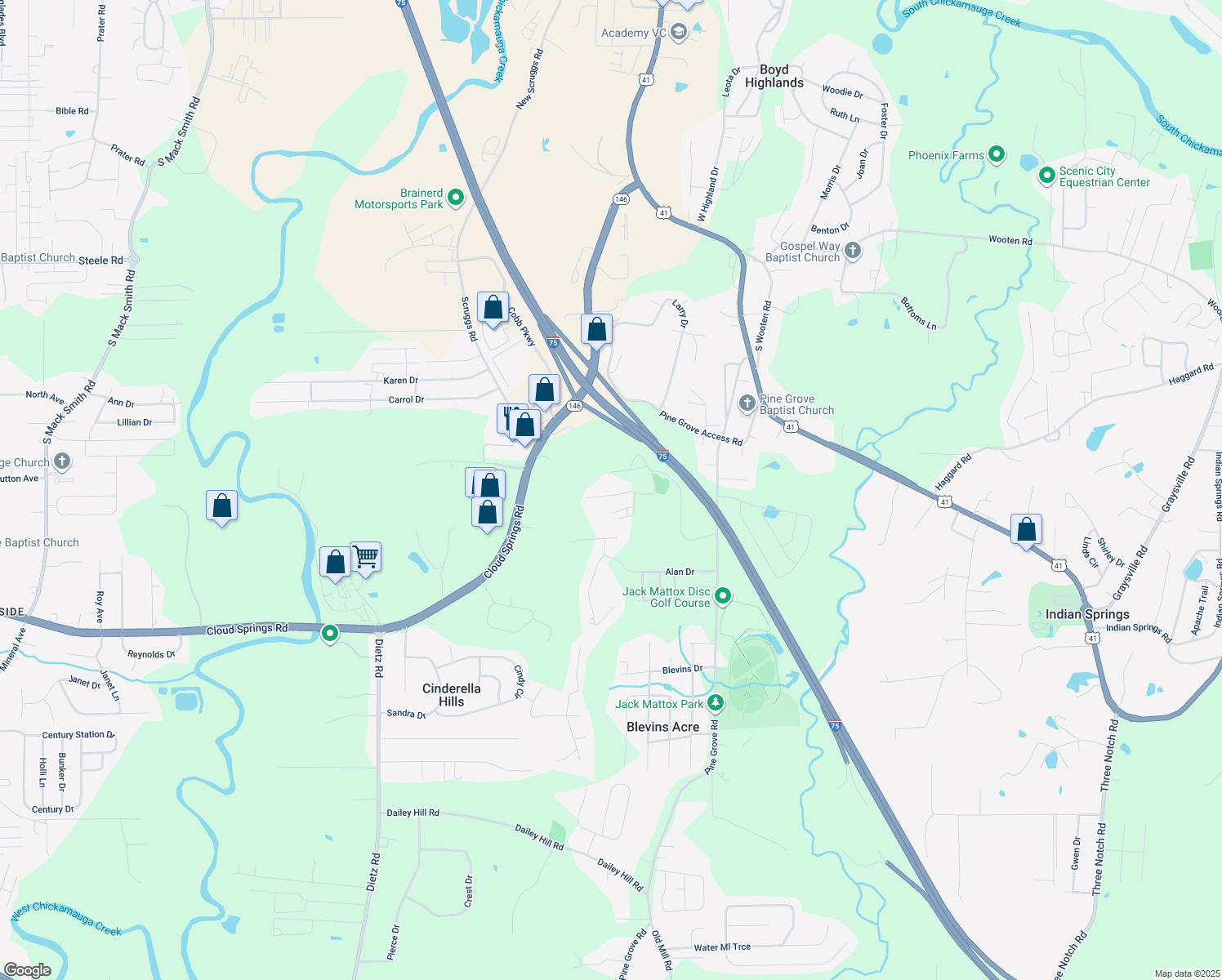 map of restaurants, bars, coffee shops, grocery stores, and more near 200 South Massengale Road in Ringgold