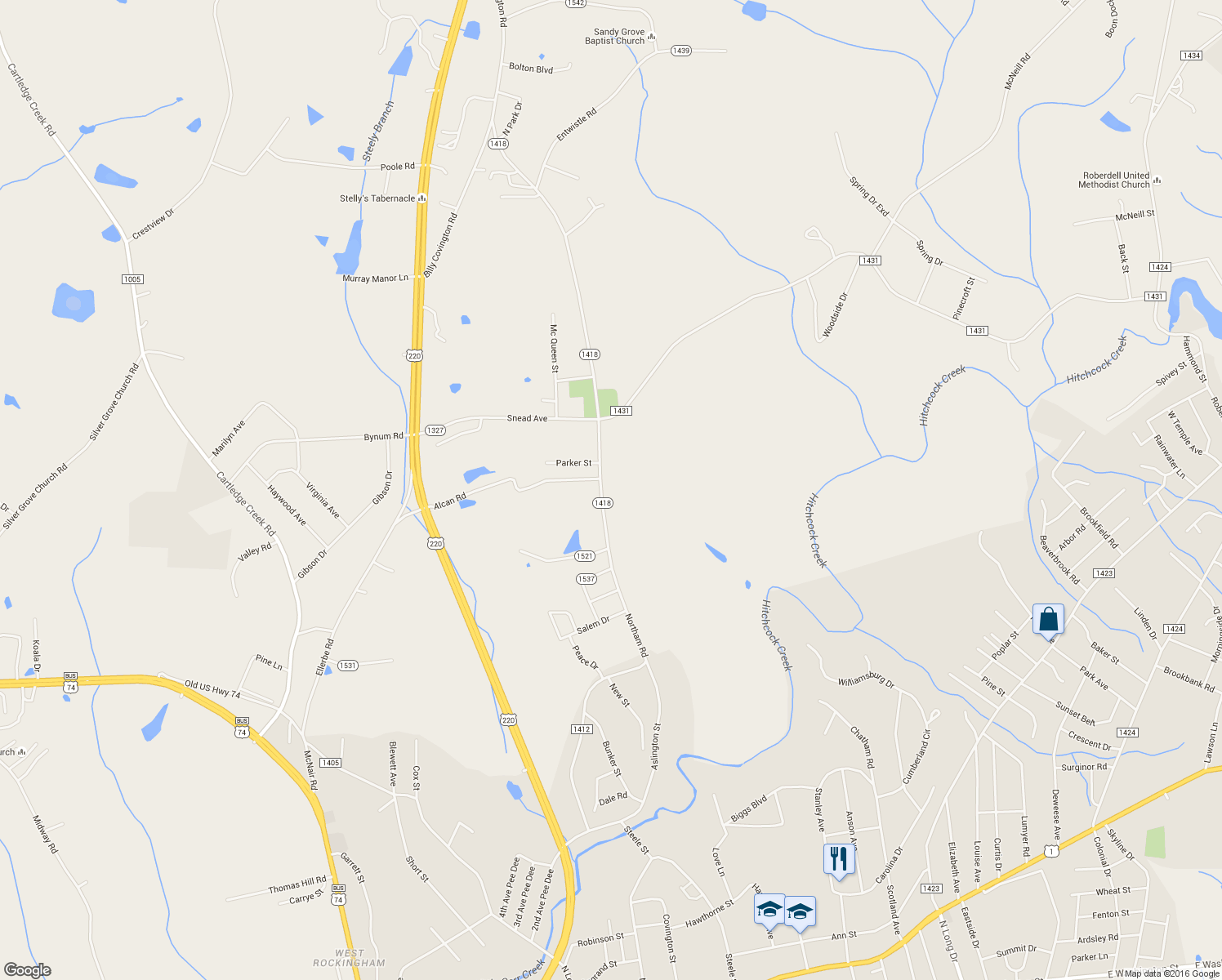 map of restaurants, bars, coffee shops, grocery stores, and more near 210 Northam Road in Rockingham