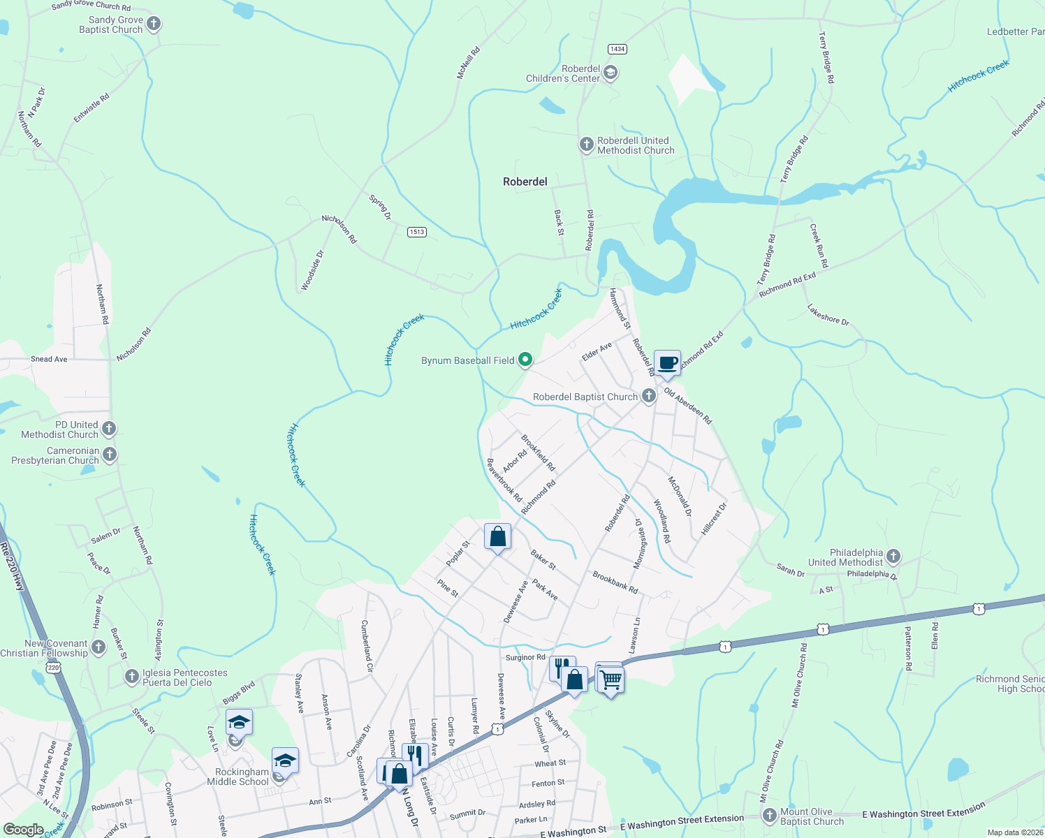 map of restaurants, bars, coffee shops, grocery stores, and more near 1004 Campbell Drive in Rockingham