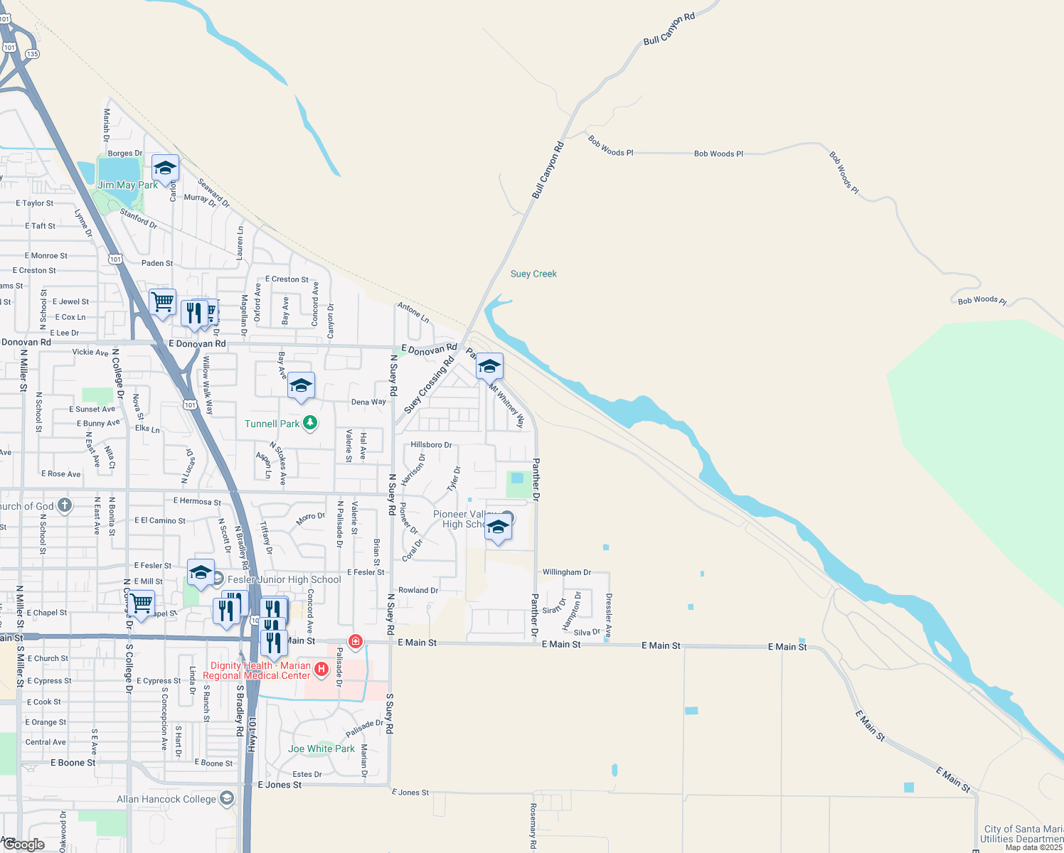 map of restaurants, bars, coffee shops, grocery stores, and more near 1751 Winchester Way in Santa Maria