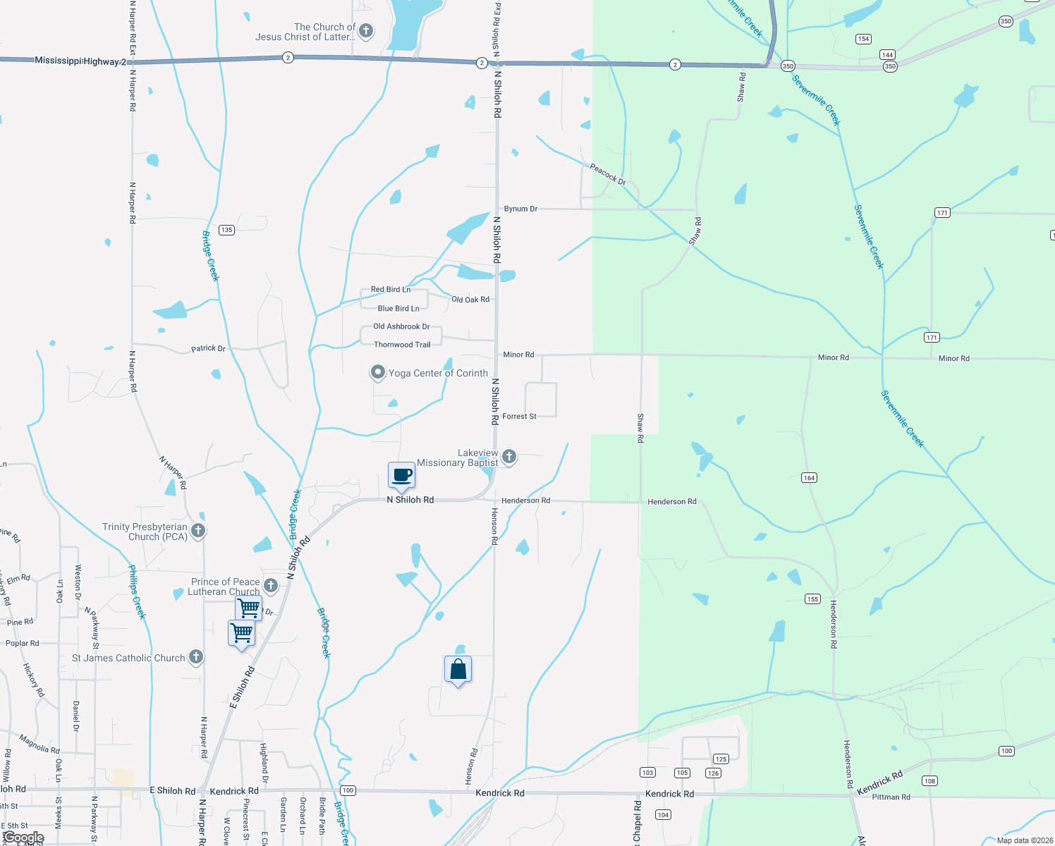 map of restaurants, bars, coffee shops, grocery stores, and more near 4102 Forrest Street in Corinth