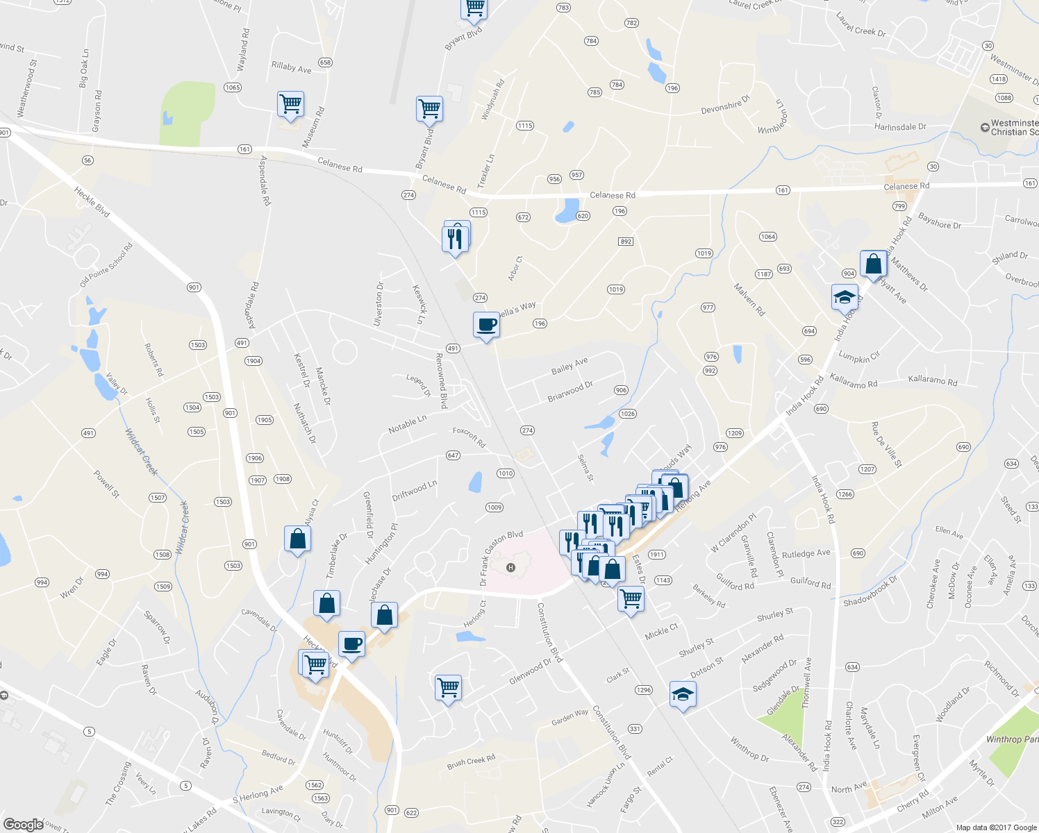 map of restaurants, bars, coffee shops, grocery stores, and more near 1985 Ebenezer Road in Rock Hill