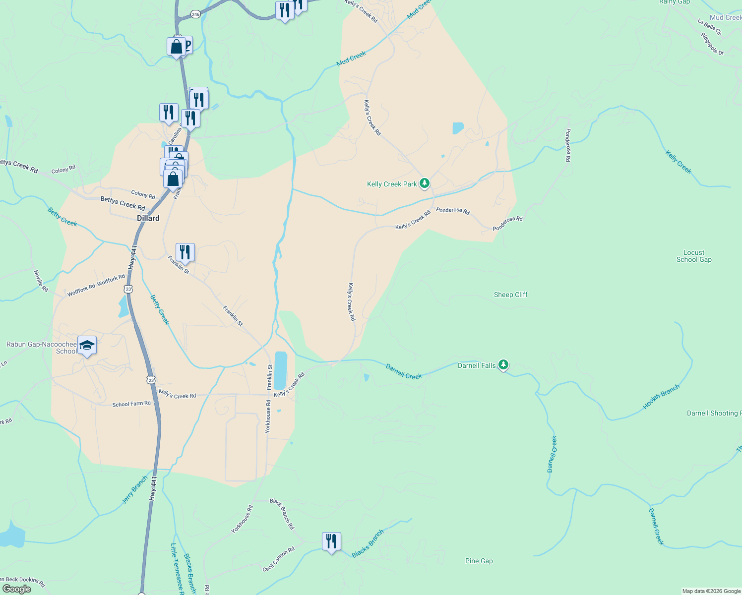 map of restaurants, bars, coffee shops, grocery stores, and more near 1922 Kelly's Creek Road in Rabun Gap