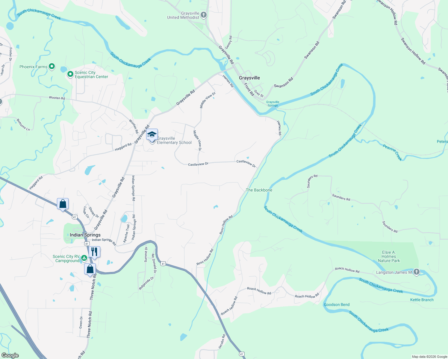 map of restaurants, bars, coffee shops, grocery stores, and more near 180 Eagleview Drive in Ringgold