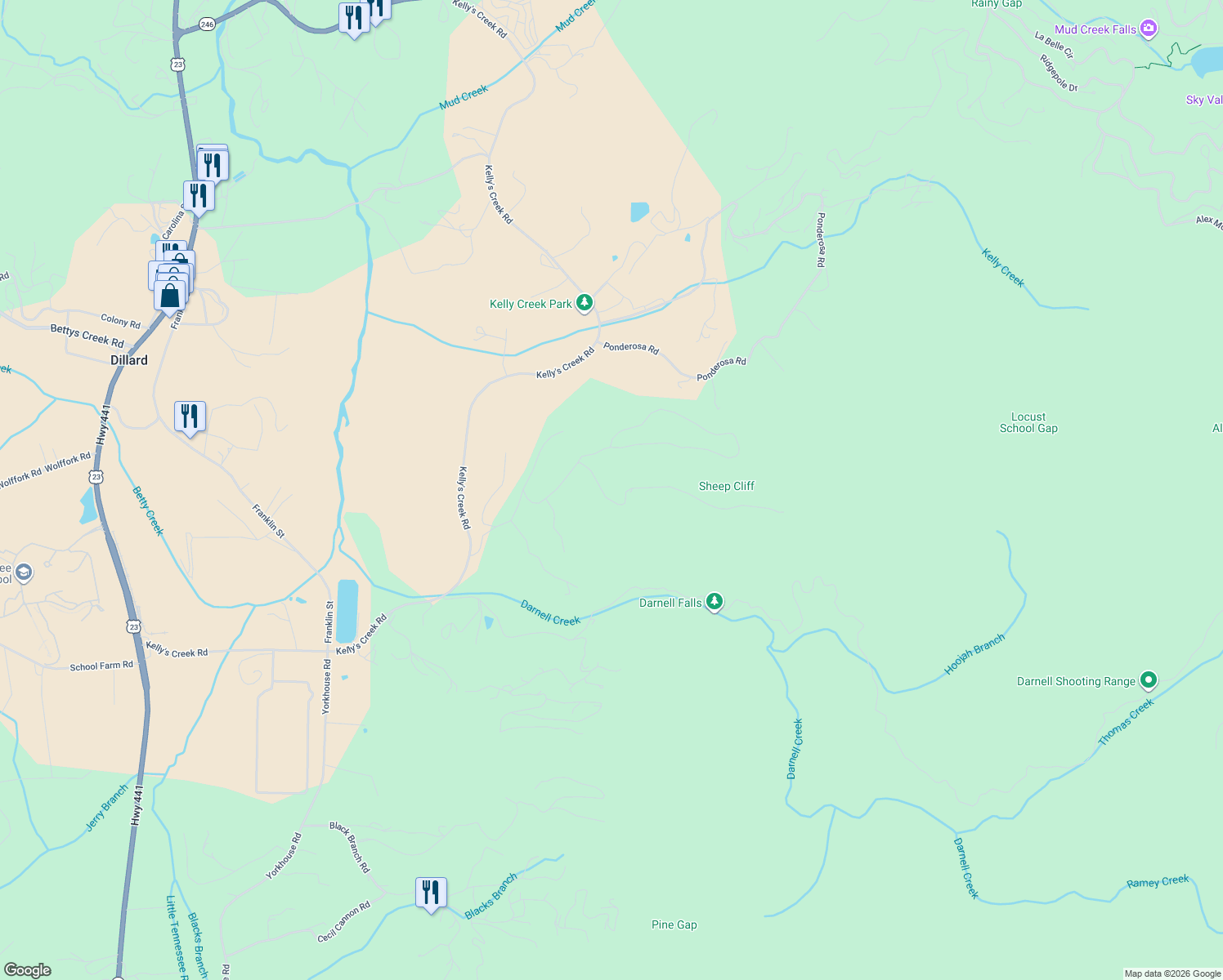 map of restaurants, bars, coffee shops, grocery stores, and more near Shake Hollow Drive in Rabun County