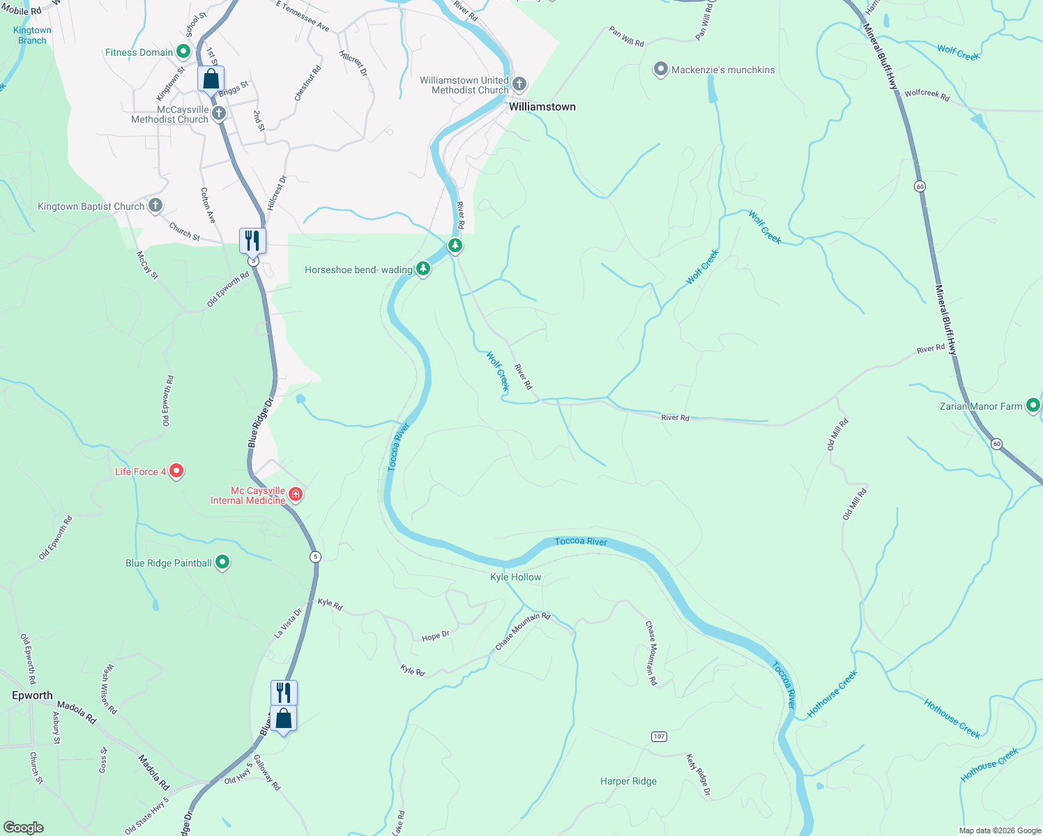 map of restaurants, bars, coffee shops, grocery stores, and more near 1750 River Road in Mineral Bluff