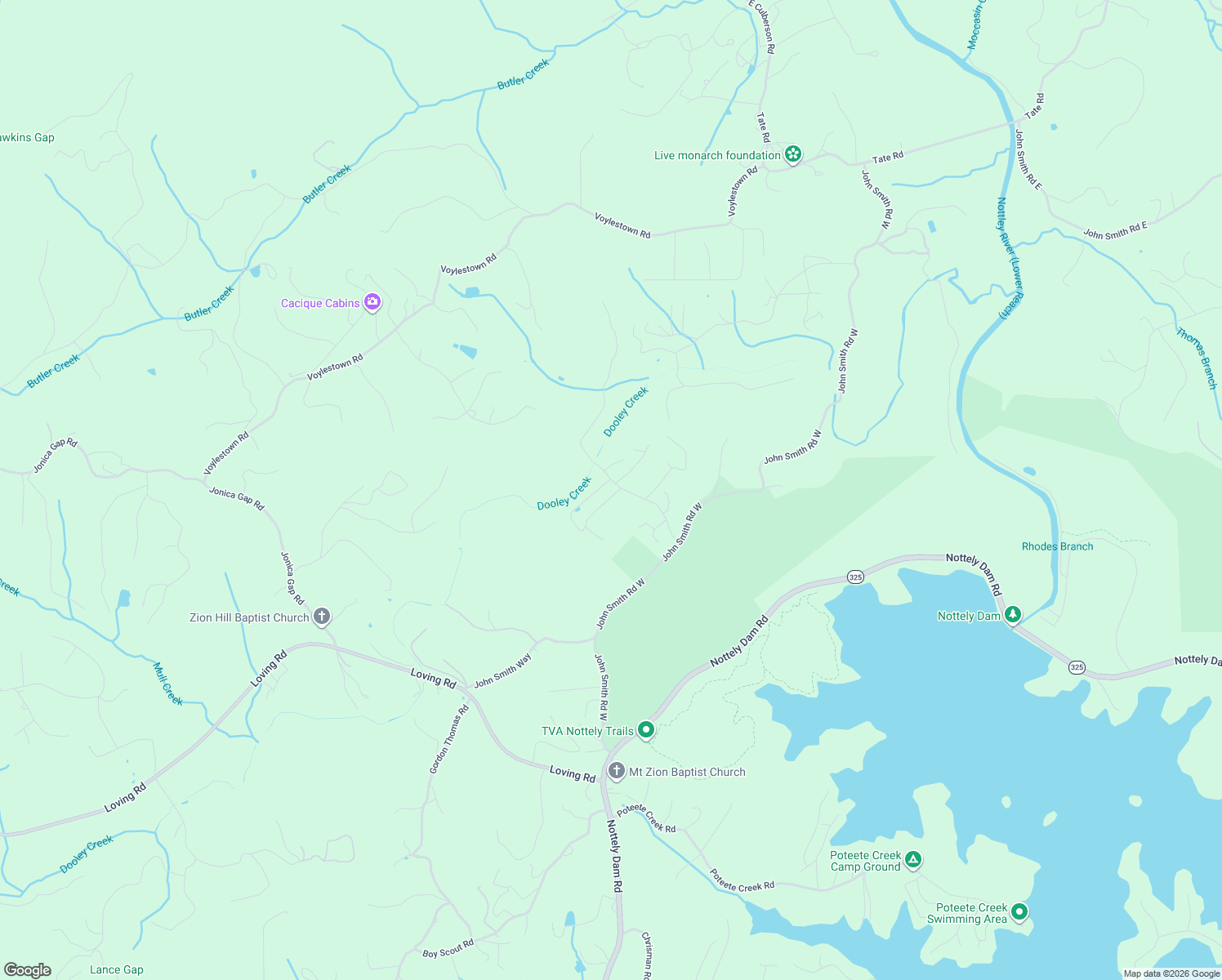 map of restaurants, bars, coffee shops, grocery stores, and more near 8588 Foxfire Road in Blairsville