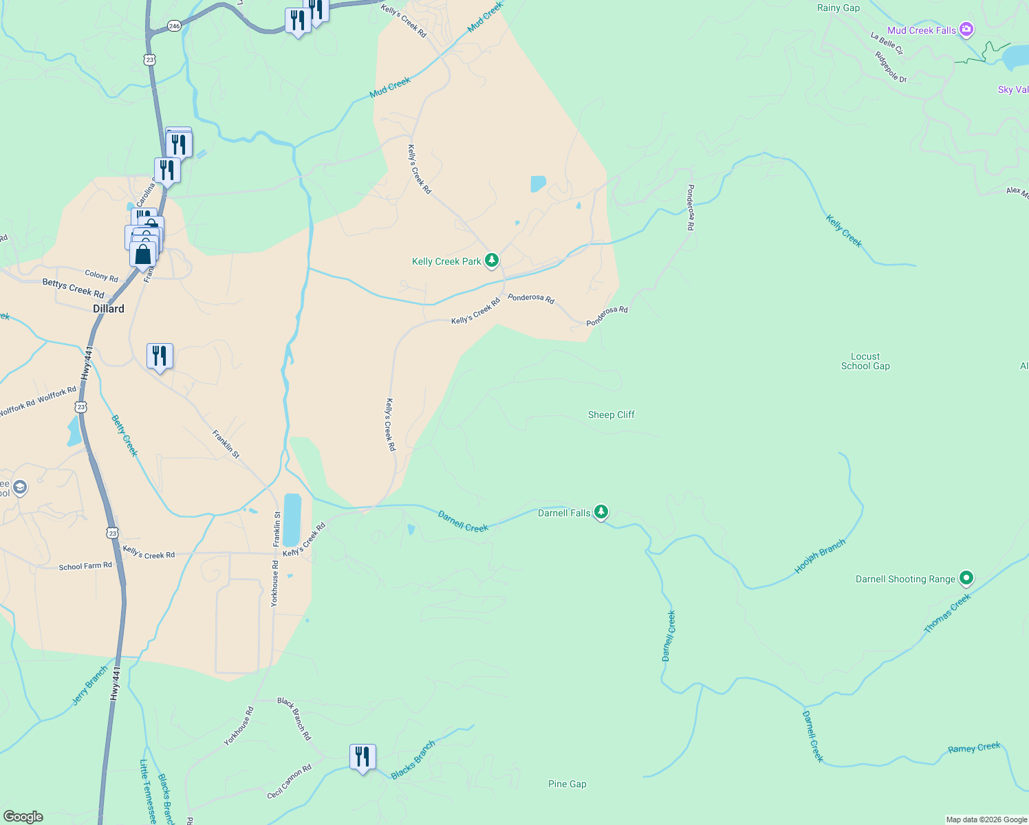 map of restaurants, bars, coffee shops, grocery stores, and more near Shake Hollow Drive in Rabun County