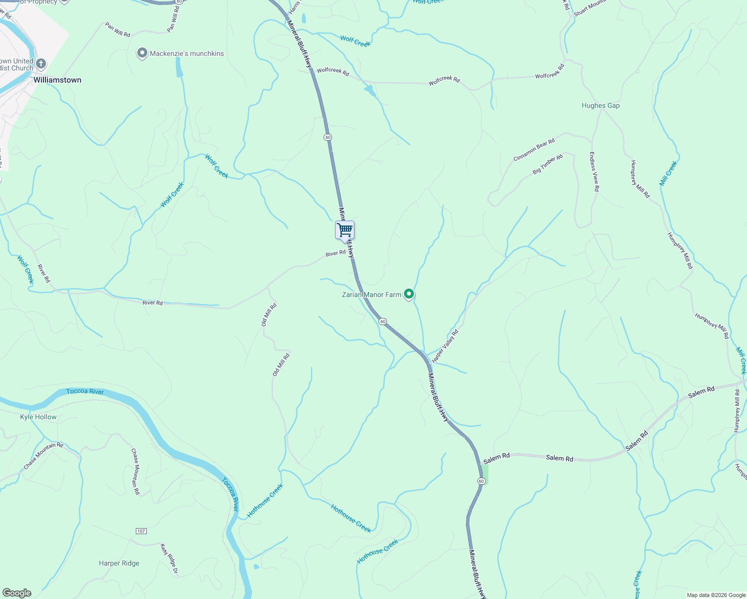 map of restaurants, bars, coffee shops, grocery stores, and more near 3633 Mineral Bluff Highway in Mineral Bluff