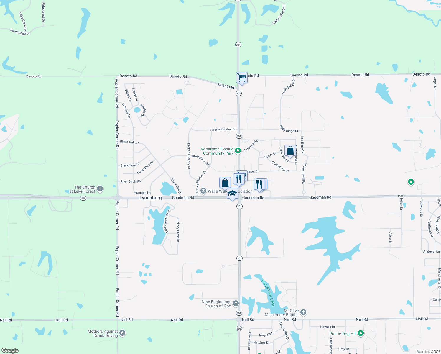 map of restaurants, bars, coffee shops, grocery stores, and more near 6205 River Birch Road in Walls