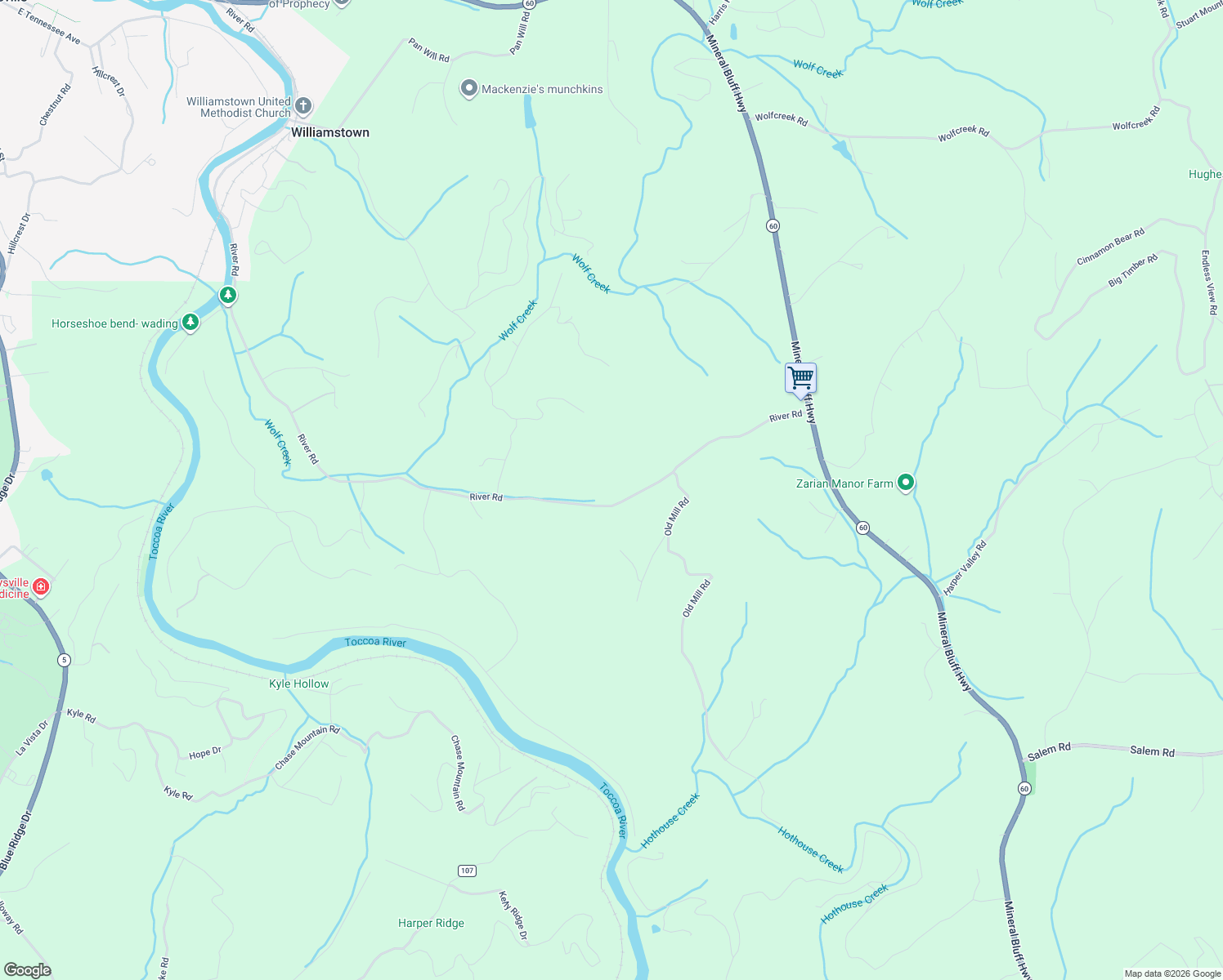 map of restaurants, bars, coffee shops, grocery stores, and more near 2637 River Road in Mineral Bluff