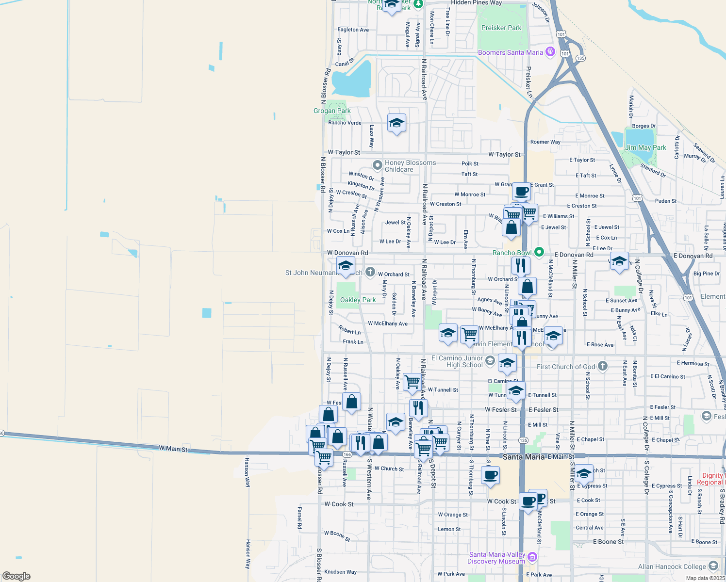 map of restaurants, bars, coffee shops, grocery stores, and more near 1306 North Western Avenue in Santa Maria