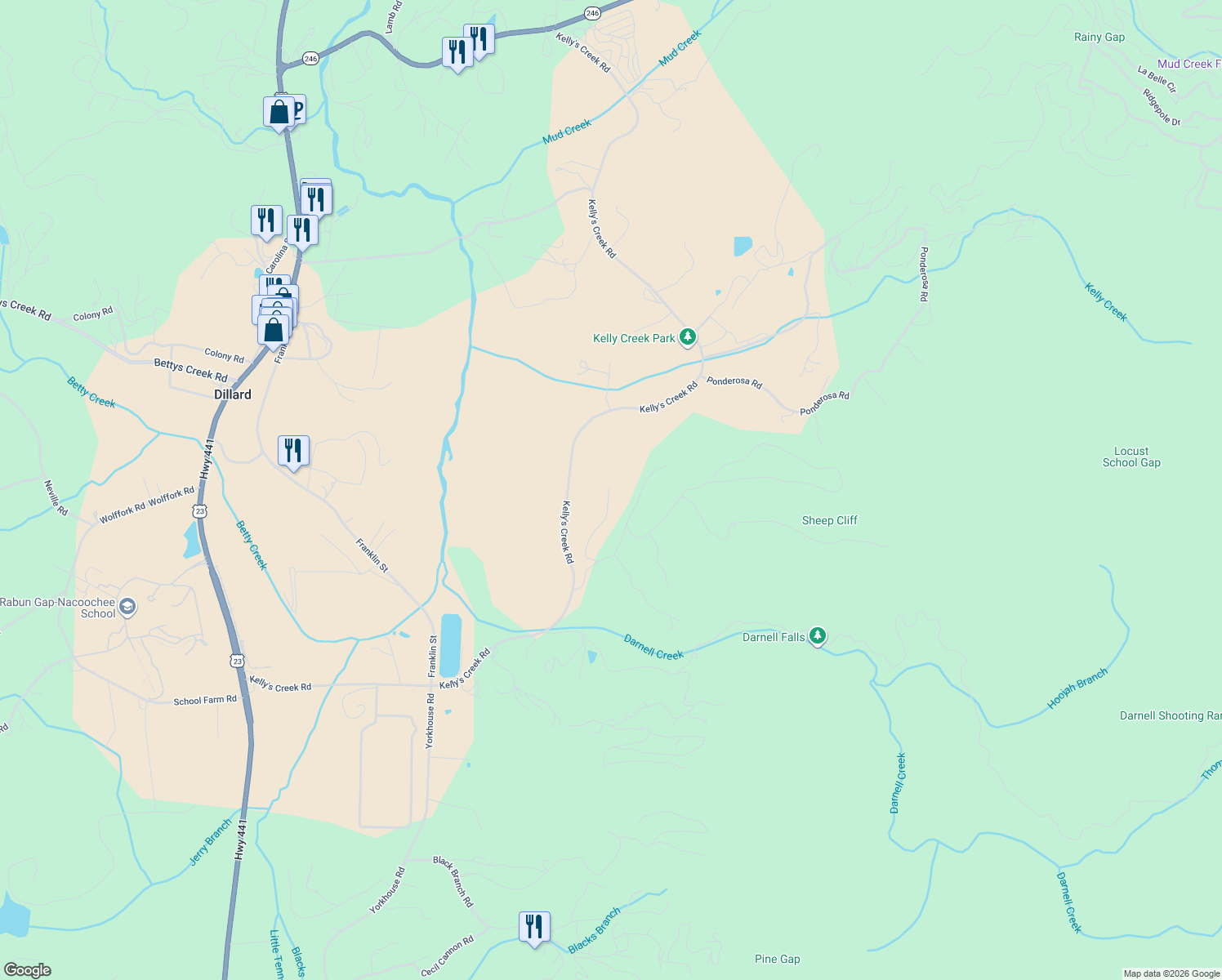 map of restaurants, bars, coffee shops, grocery stores, and more near Kelly's Creek Road in Rabun