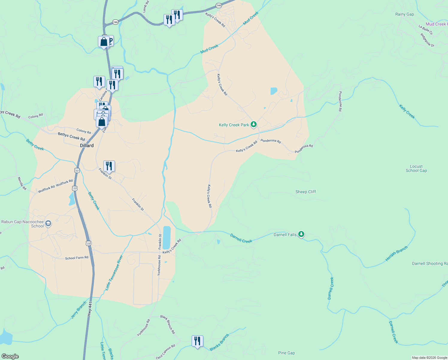 map of restaurants, bars, coffee shops, grocery stores, and more near Kelly's Creek Road in Rabun