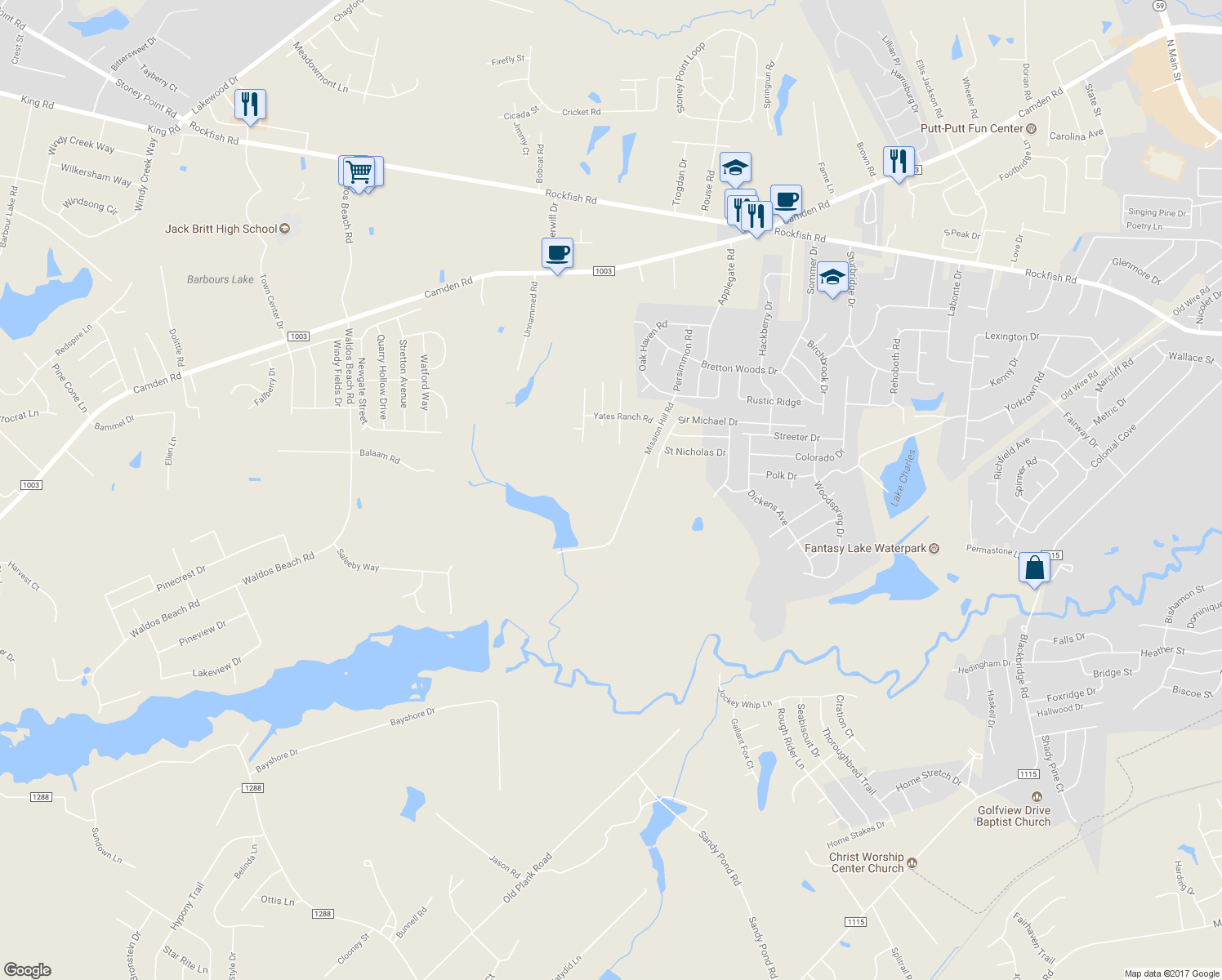 map of restaurants, bars, coffee shops, grocery stores, and more near 3976 Mission Hill Road in Hope Mills