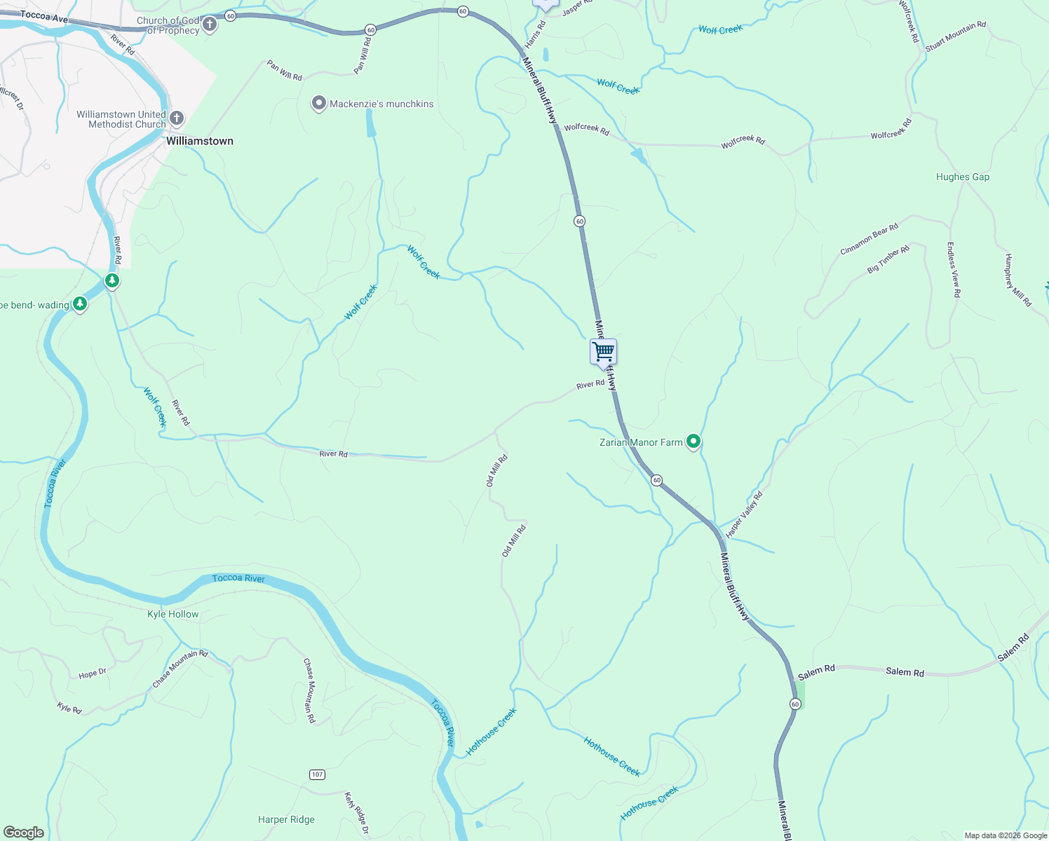 map of restaurants, bars, coffee shops, grocery stores, and more near 2975 River Road in Mineral Bluff