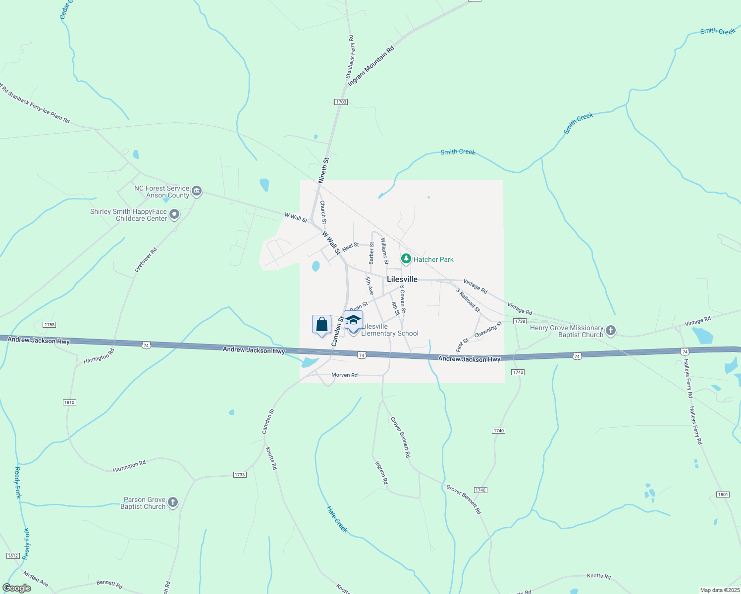 map of restaurants, bars, coffee shops, grocery stores, and more near 114 5th St in Lilesville