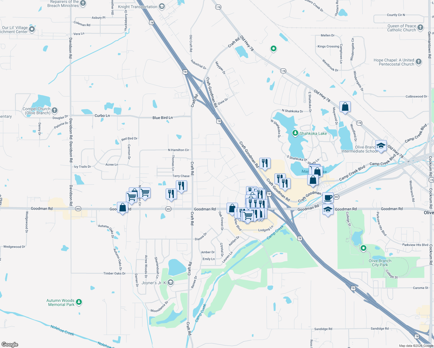 map of restaurants, bars, coffee shops, grocery stores, and more near 7212 English Oak Drive in Olive Branch