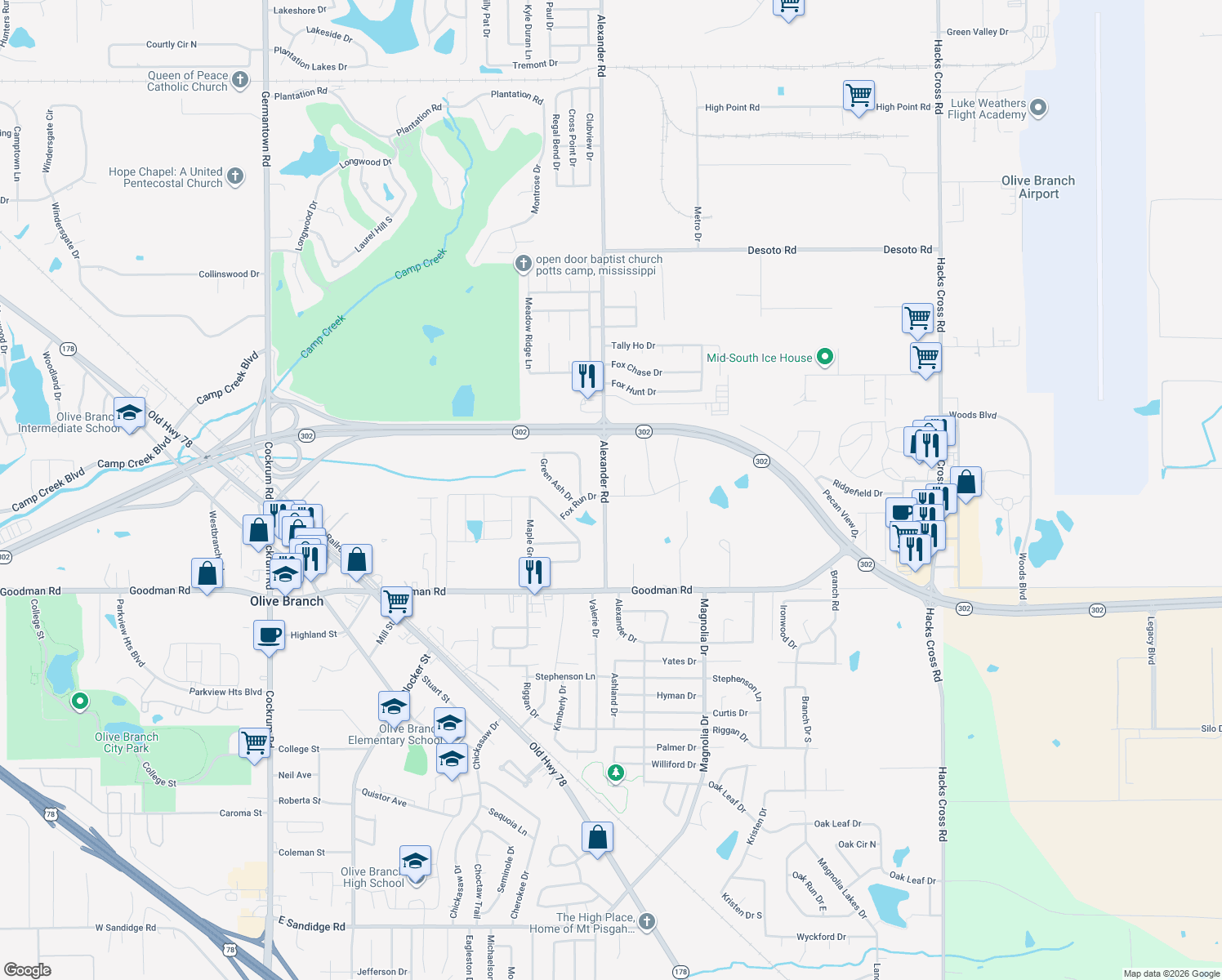 map of restaurants, bars, coffee shops, grocery stores, and more near 10200 Fox Run Drive in Olive Branch