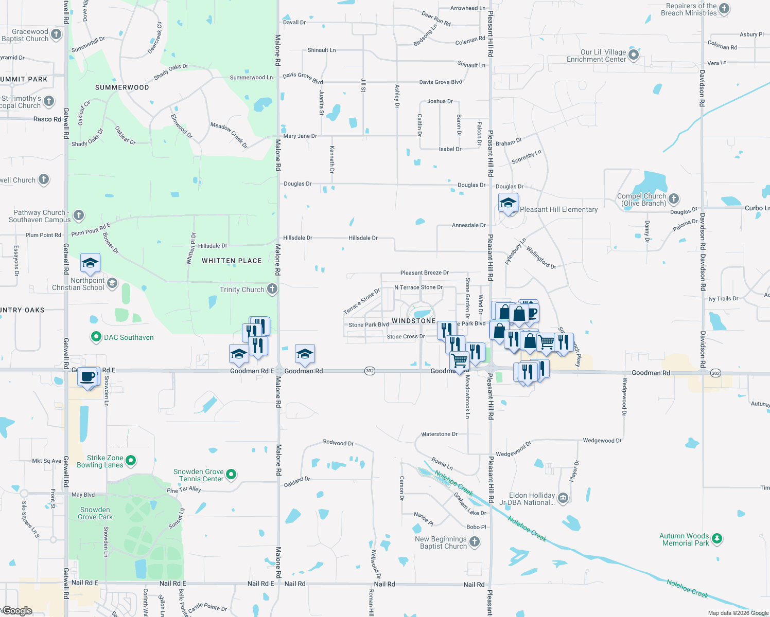map of restaurants, bars, coffee shops, grocery stores, and more near 7255 Corner Stone Drive in Olive Branch