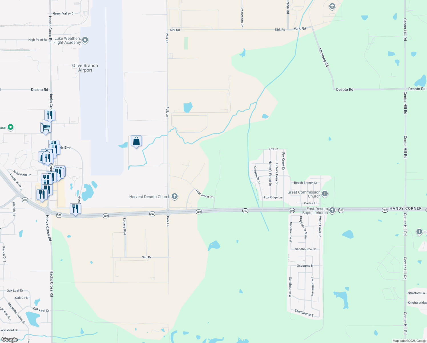map of restaurants, bars, coffee shops, grocery stores, and more near 7285 Eastern Drive in Olive Branch