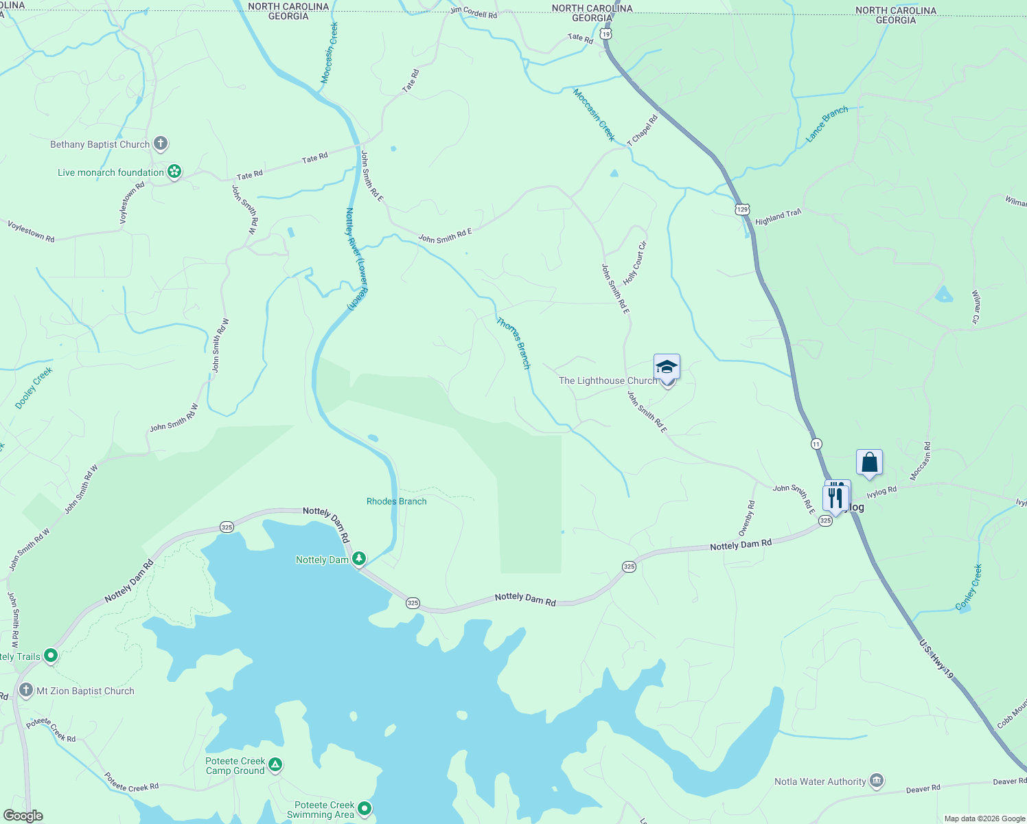 map of restaurants, bars, coffee shops, grocery stores, and more near 296 Gold Nugget Lane in Blairsville