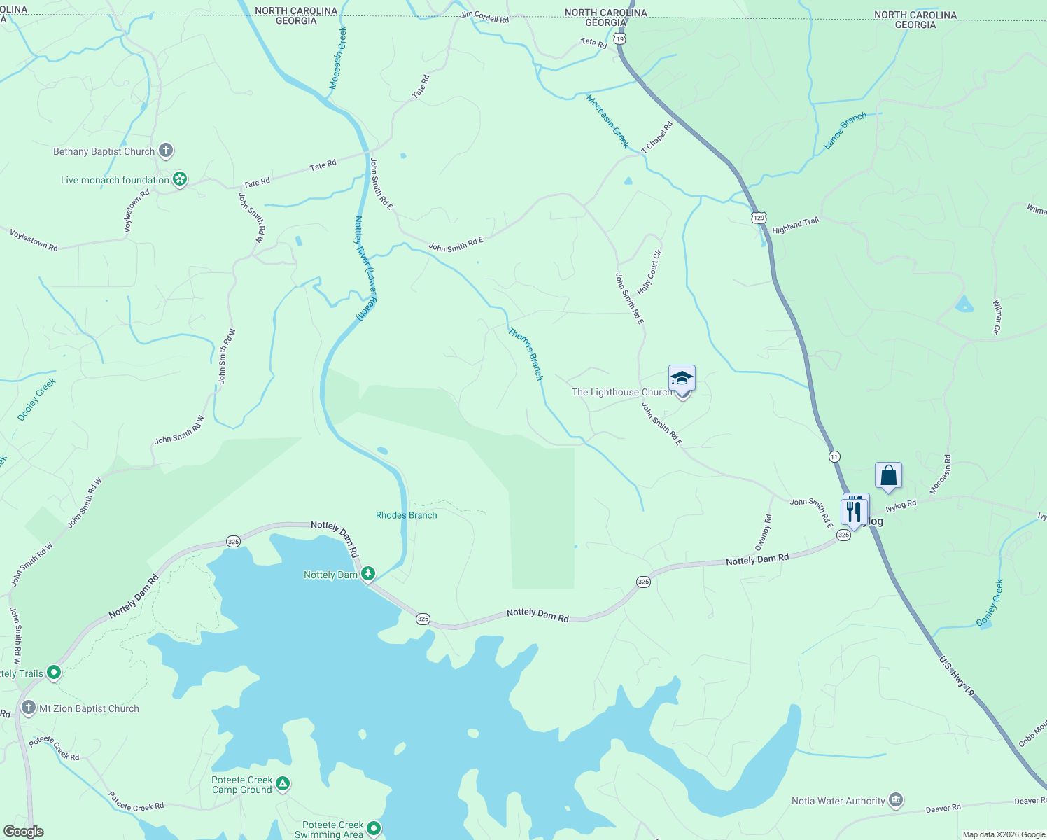 map of restaurants, bars, coffee shops, grocery stores, and more near 296 Gold Nugget Lane in Blairsville