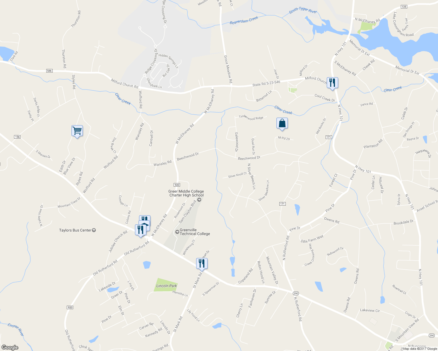 map of restaurants, bars, coffee shops, grocery stores, and more near 24 Silver Knoll Court in Greer