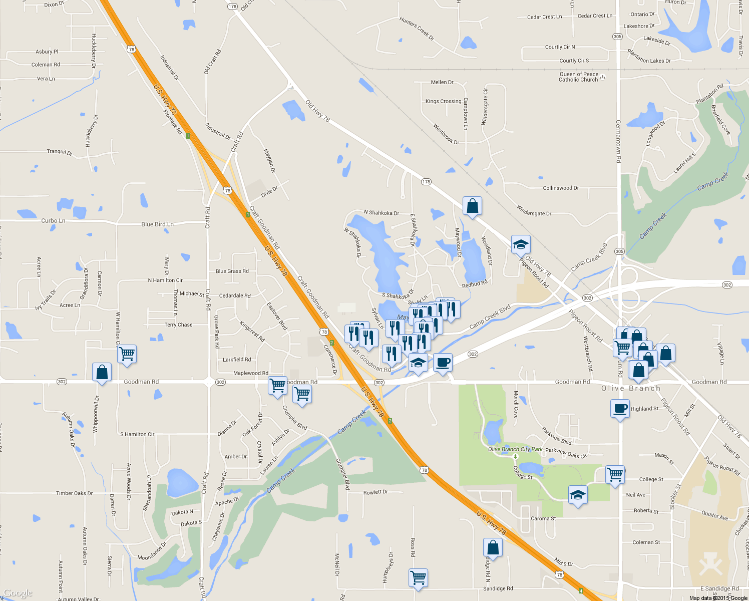 map of restaurants, bars, coffee shops, grocery stores, and more near 7280 Sylvan Lane in Olive Branch