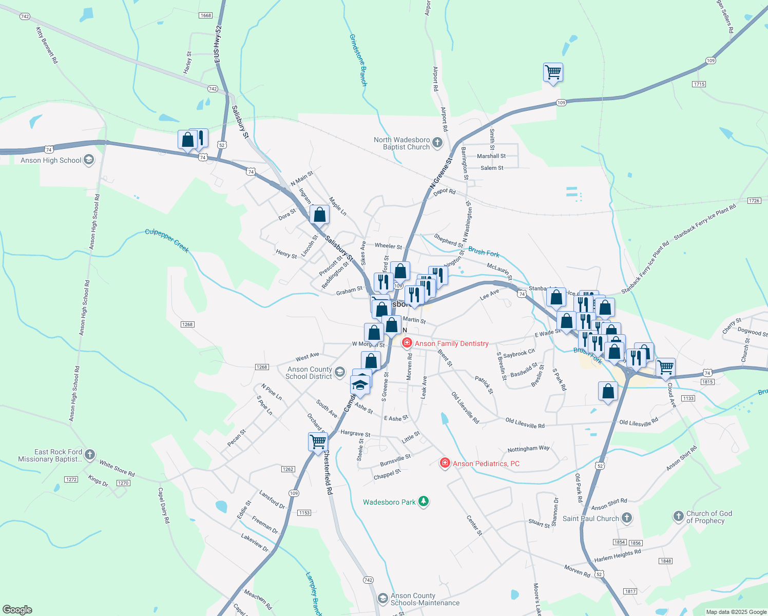 map of restaurants, bars, coffee shops, grocery stores, and more near 212 N Rutherford St in Wadesboro
