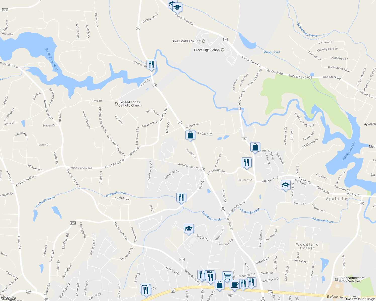 map of restaurants, bars, coffee shops, grocery stores, and more near 43 Matlock Circle in Greer