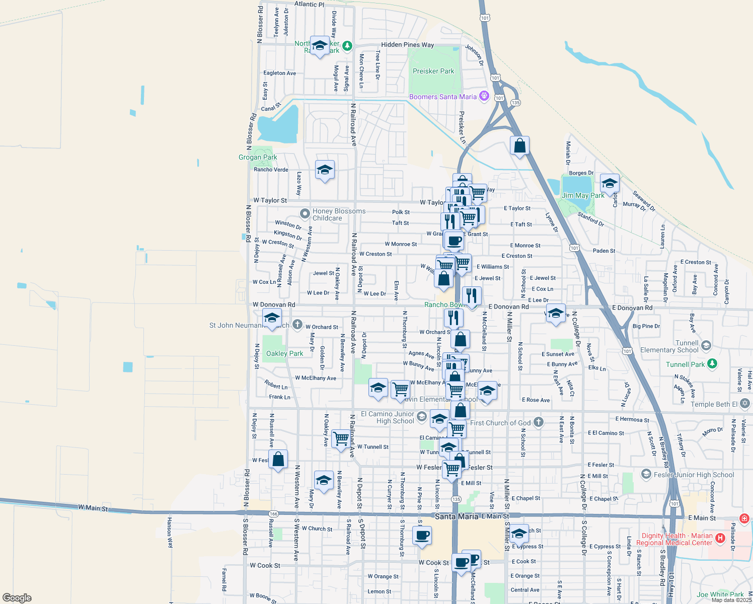 map of restaurants, bars, coffee shops, grocery stores, and more near 601 West Donovan Road in Santa Maria
