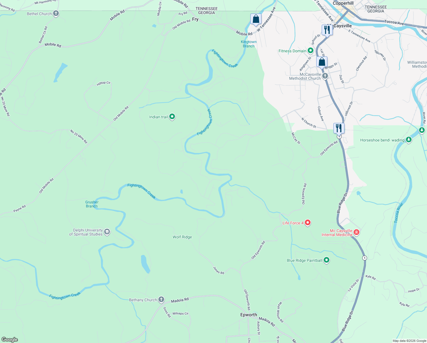 map of restaurants, bars, coffee shops, grocery stores, and more near 252 Branch Creek Road in Epworth
