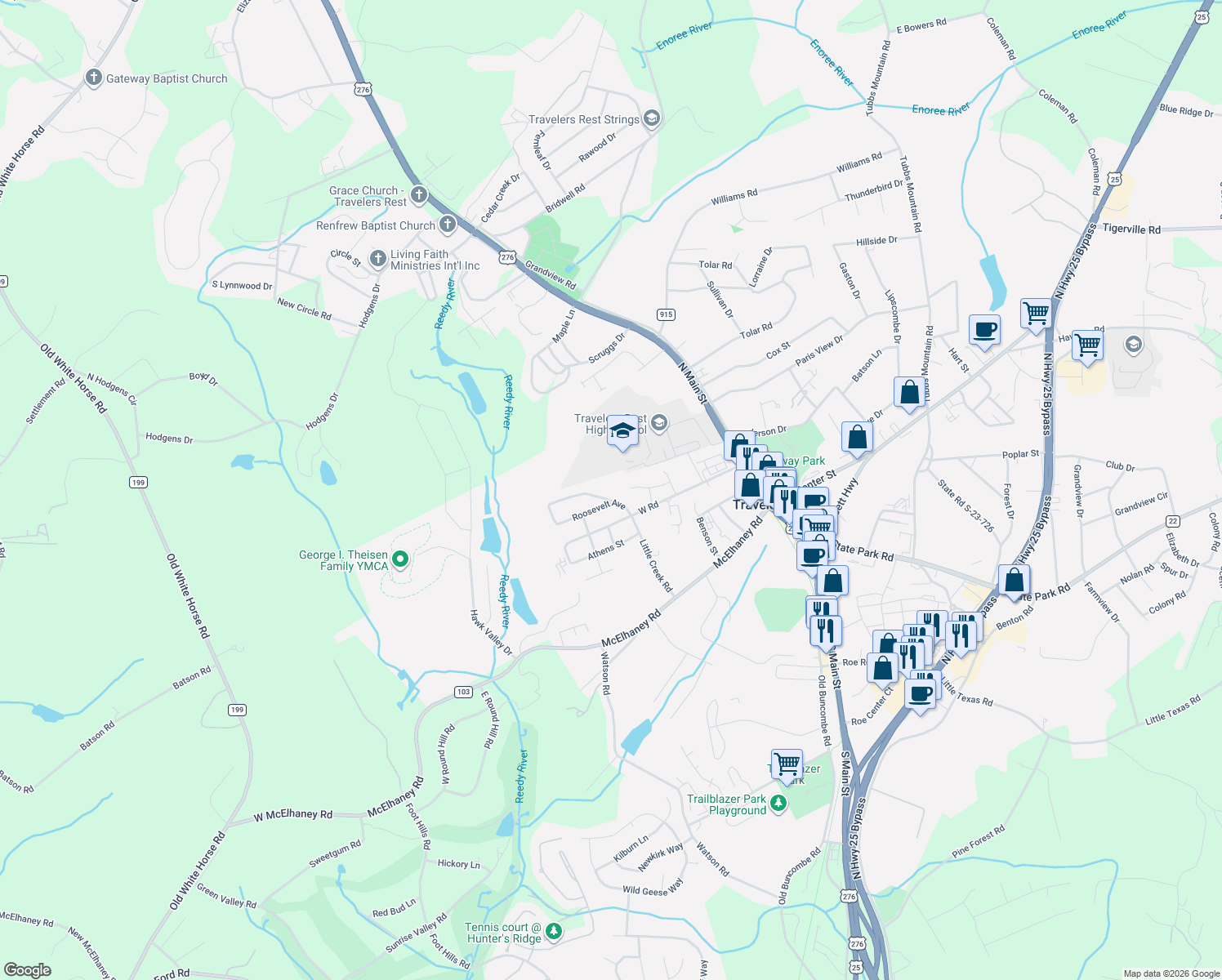 map of restaurants, bars, coffee shops, grocery stores, and more near 204 Roosevelt Avenue in Travelers Rest