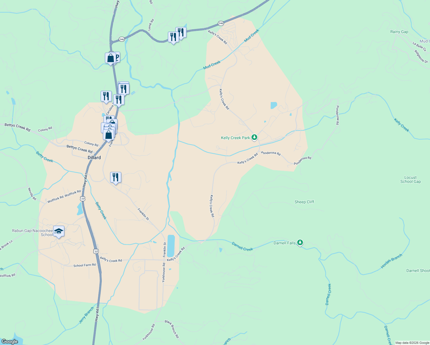 map of restaurants, bars, coffee shops, grocery stores, and more near Kelly's Creek Rd in Rabun