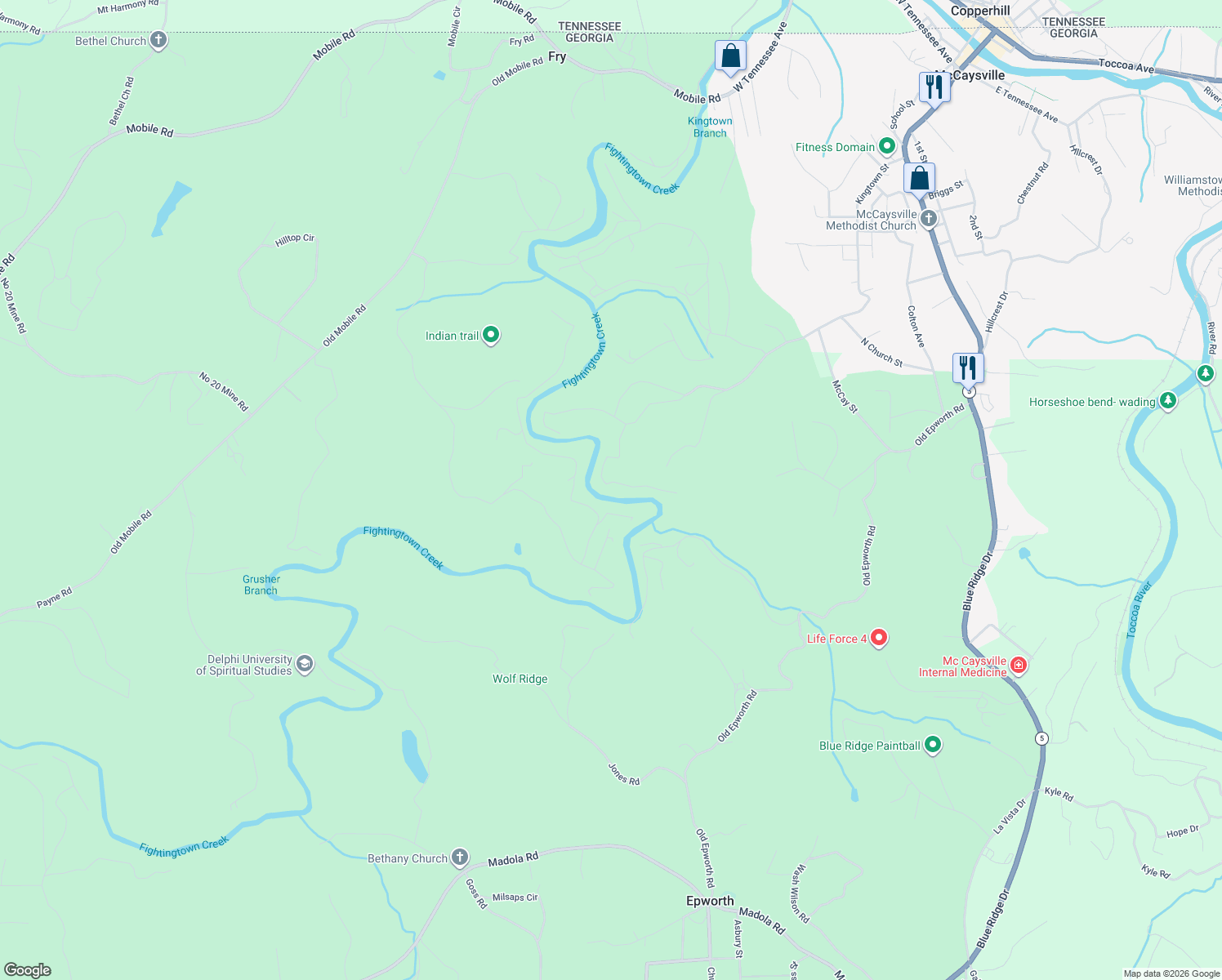map of restaurants, bars, coffee shops, grocery stores, and more near 252 Branch Creek Road in Epworth