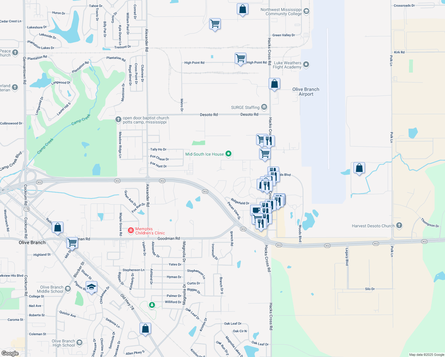 map of restaurants, bars, coffee shops, grocery stores, and more near 10654 Pecan Meadow Drive North in Olive Branch
